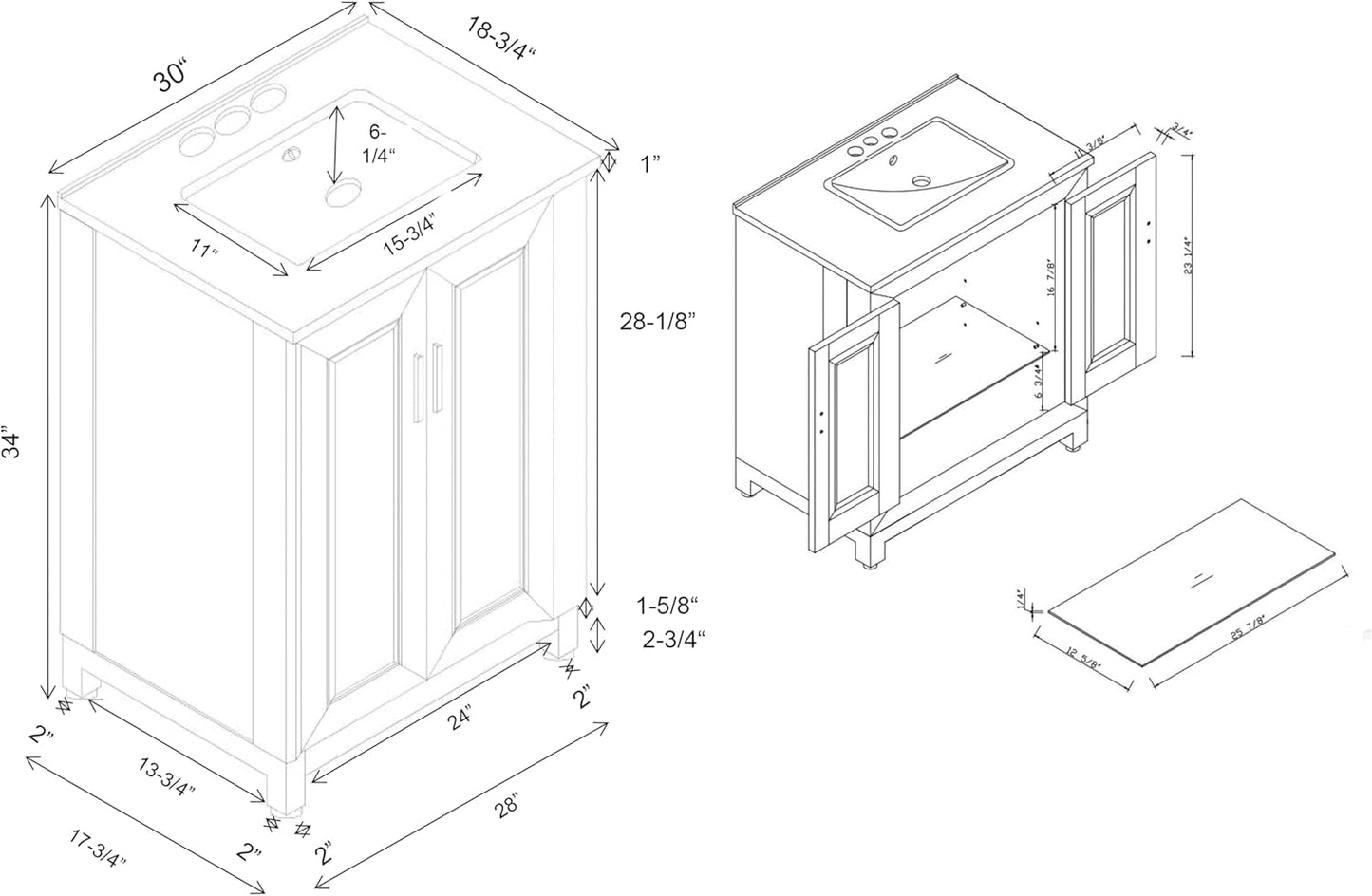 Festivo 30" FBV21012 Freestanding Bathroom Vanity with Marble Top-White
