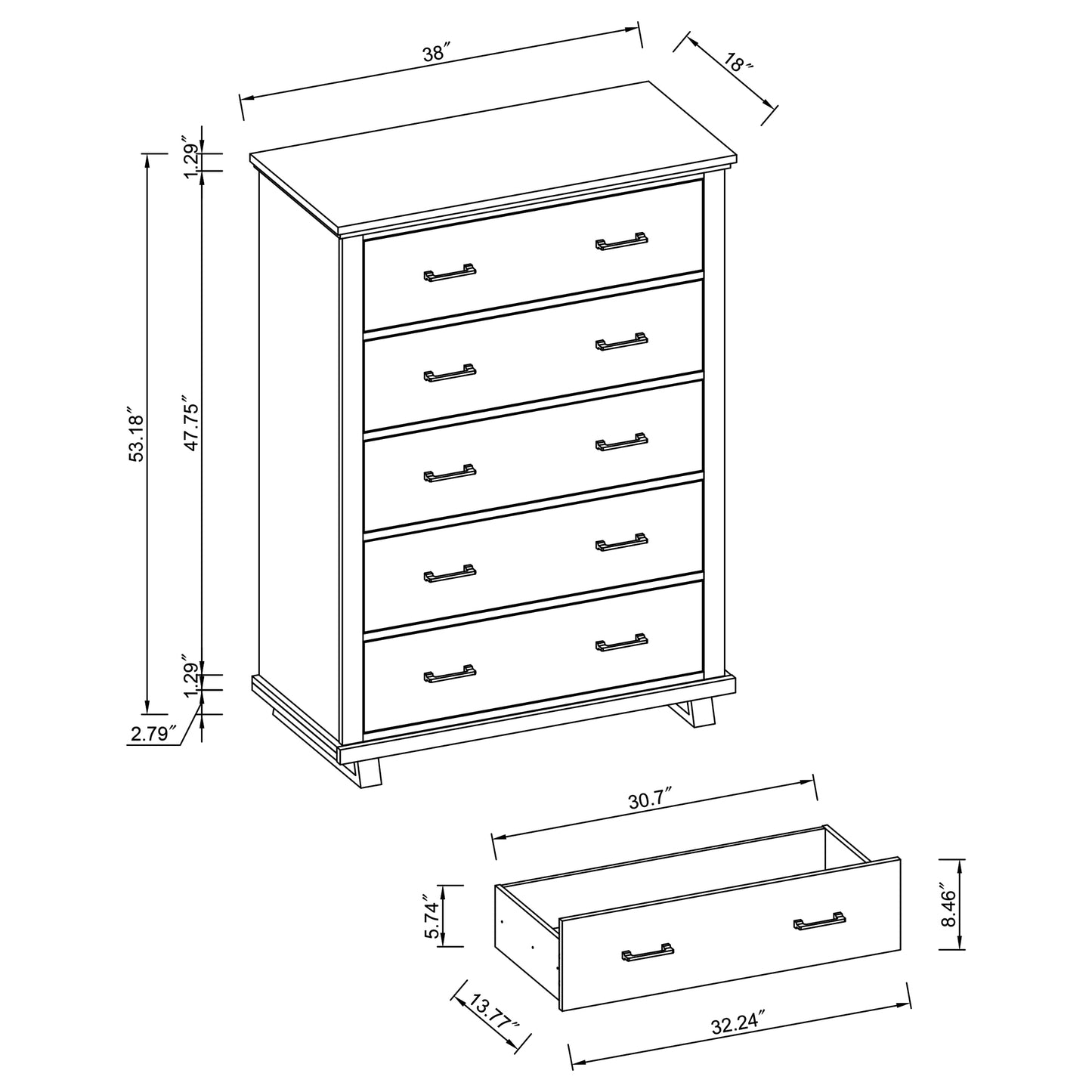Festivo FCH22242 38" Bedroom Chest with 5 Drawers-White