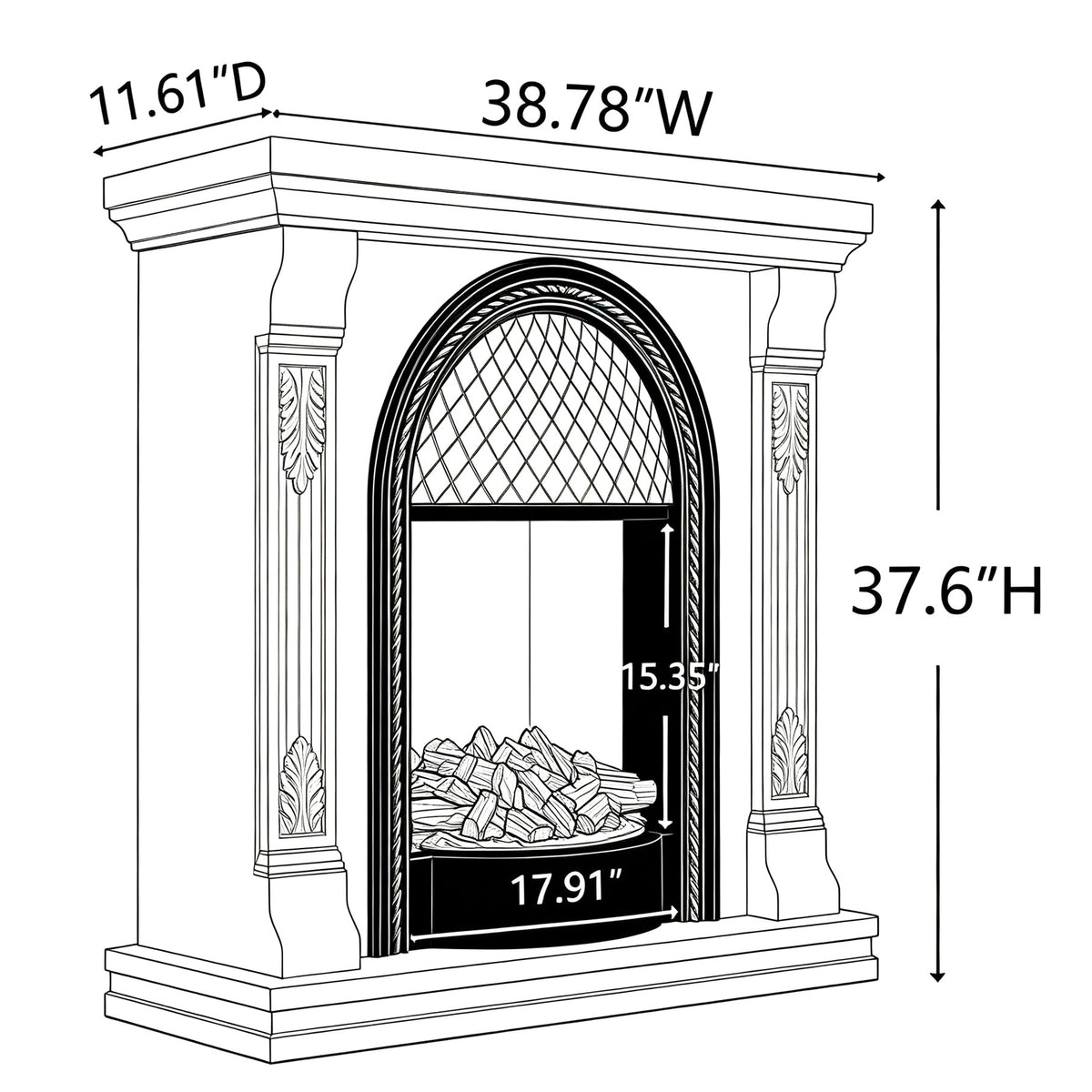 Festivo FFP26092 38.58" Stone Column MGO Electric Fireplace Mantel with 20" Black Arched Insert, Realistic Log & Flame Effect, Remote Control & Timer, White & Honey Oak