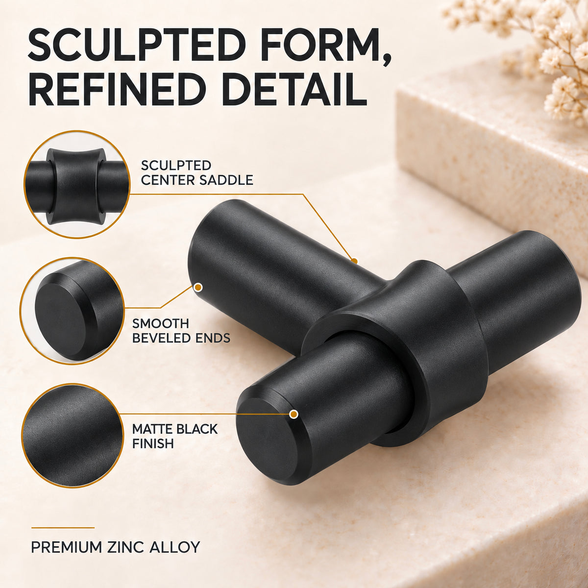 FESTIVO LF4072-MB 1.73" Zinc Alloy Matte Black Cabinet Handles Pulls, Round T-Shape Bar Single Hole 10 Packs