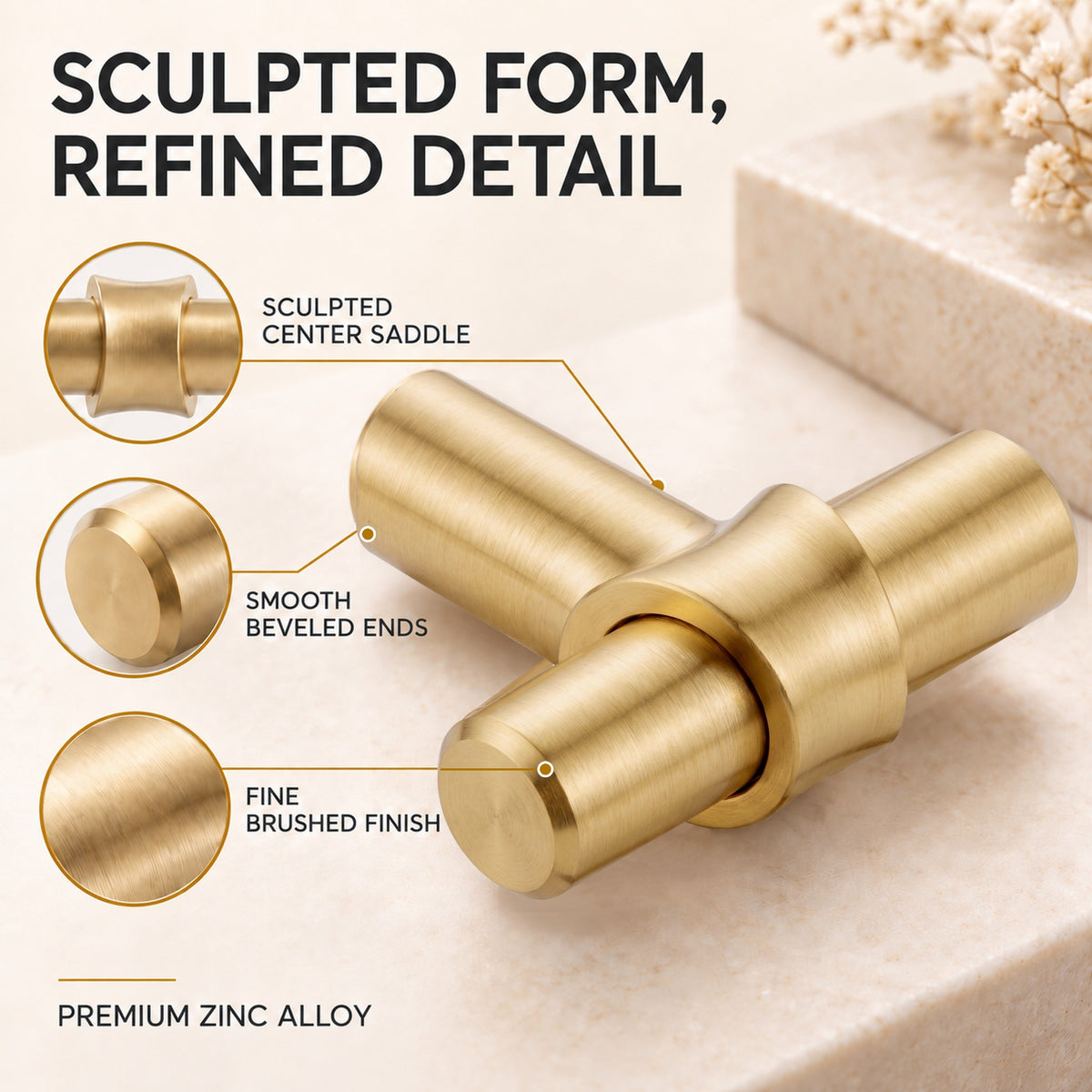 FESTIVO LF4072-BGB 1.73" Zinc Alloy Brushed Gold Brass Cabinet Handles Pulls, Round T-Shape Bar Single Hole 10 Packs