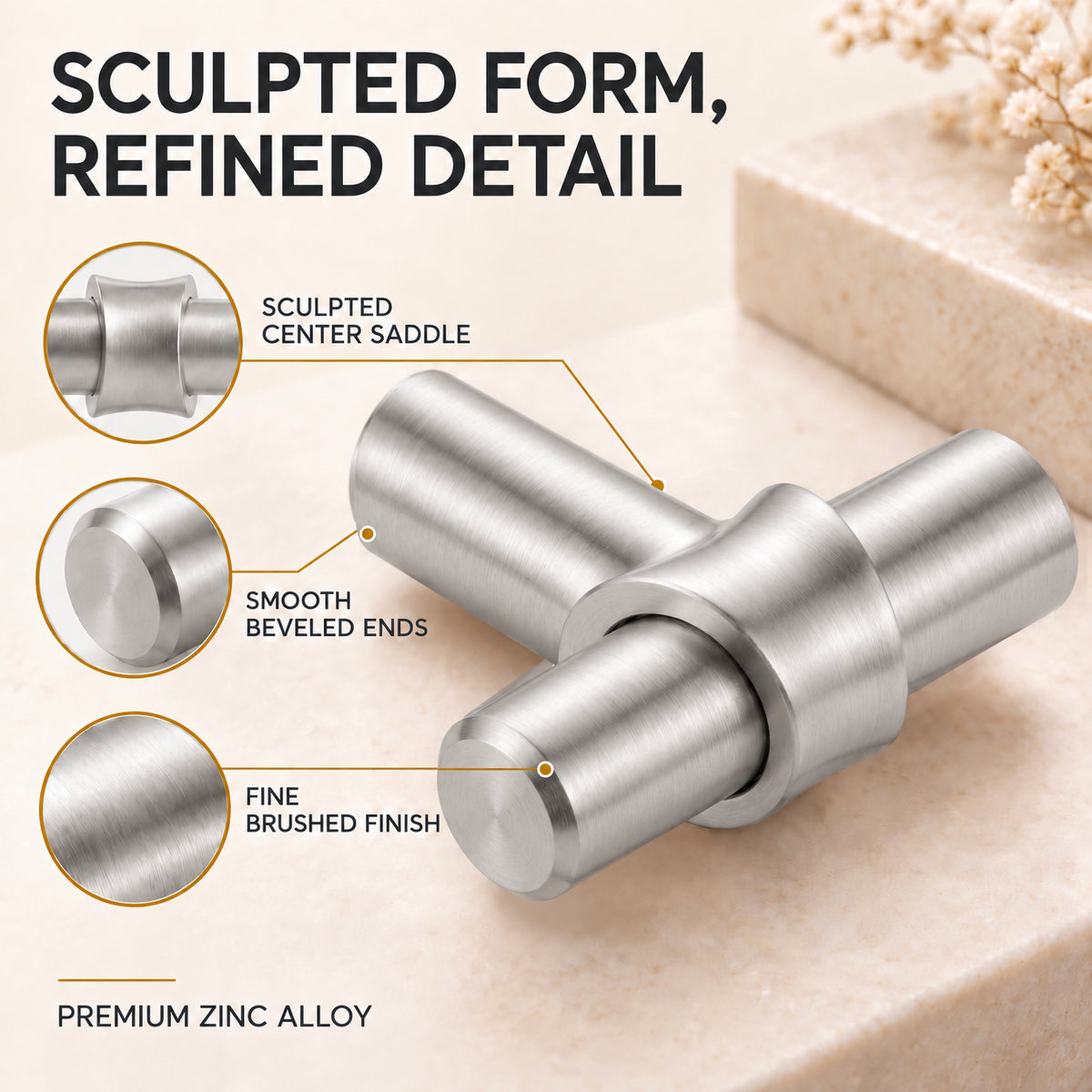FESTIVO LF4072-BN 1.73" Zinc Alloy Brushed Nickel Cabinet Handles Pulls, Round T-Shape Bar Single Hole 10 Packs