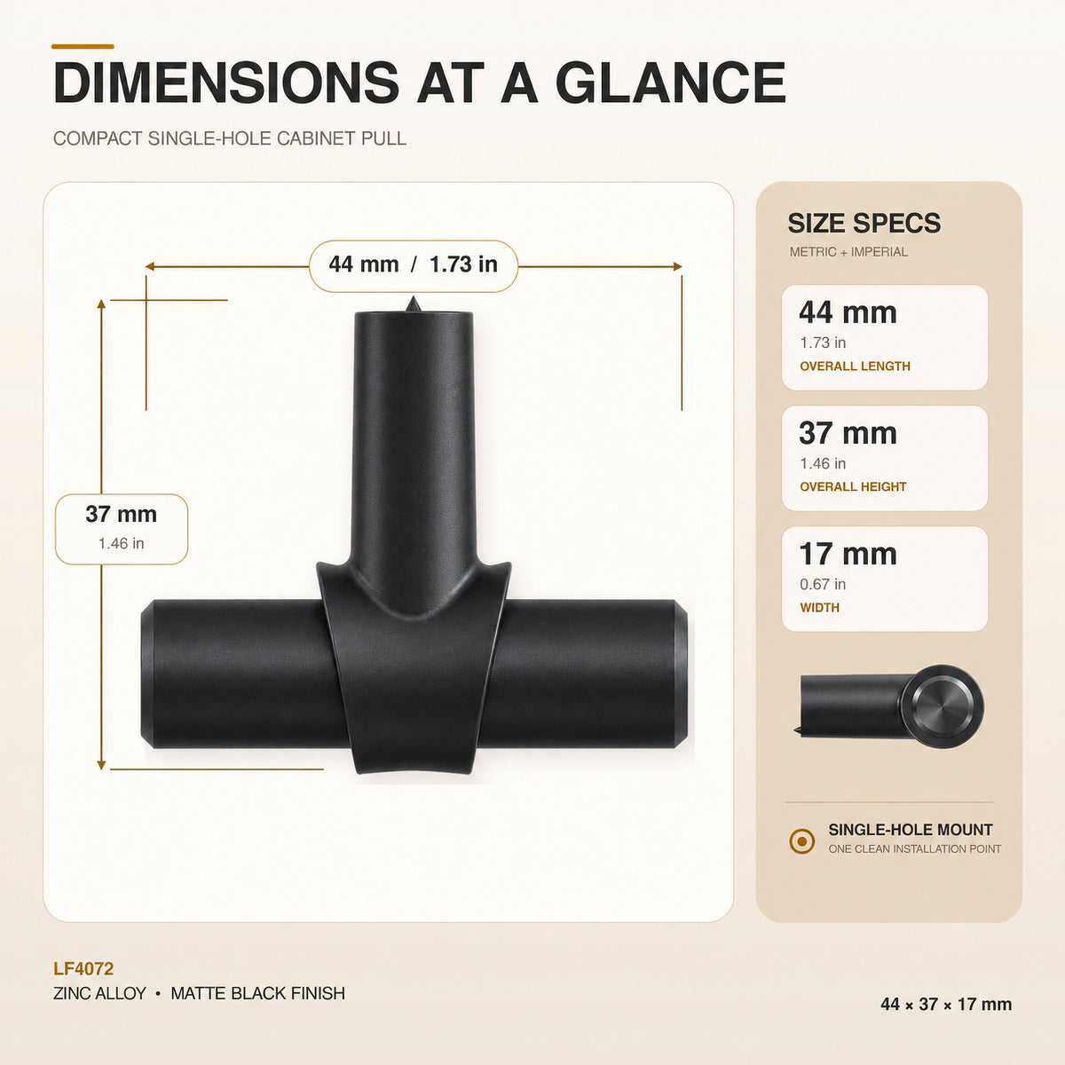 FESTIVO LF4072-MB 1.73" Zinc Alloy Matte Black Cabinet Handles Pulls, Round T-Shape Bar Single Hole 10 Packs