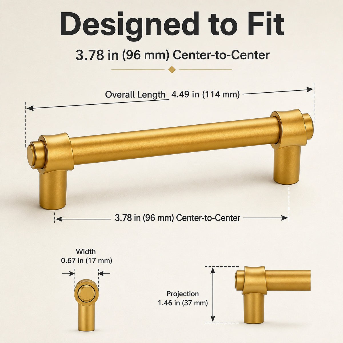 FESTIVO LF8270-96BGB 4.49" Zinc Alloy+ss201 Gold Brass Cabinet Handles Pulls, Bar-Shape Two-Holes 5 Packs
