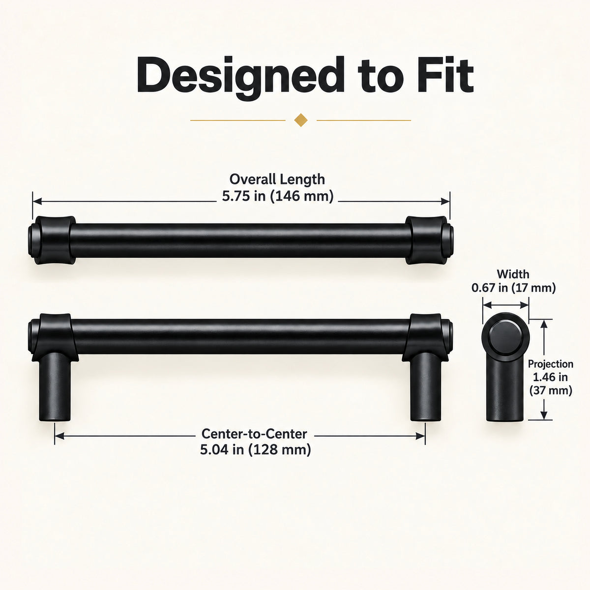 FESTIVO LF8270-128MB 5.75" Zinc Alloy+ss201 Matte Black Cabinet Handles Pulls, Bar-Shape Two-Holes 5 Packs