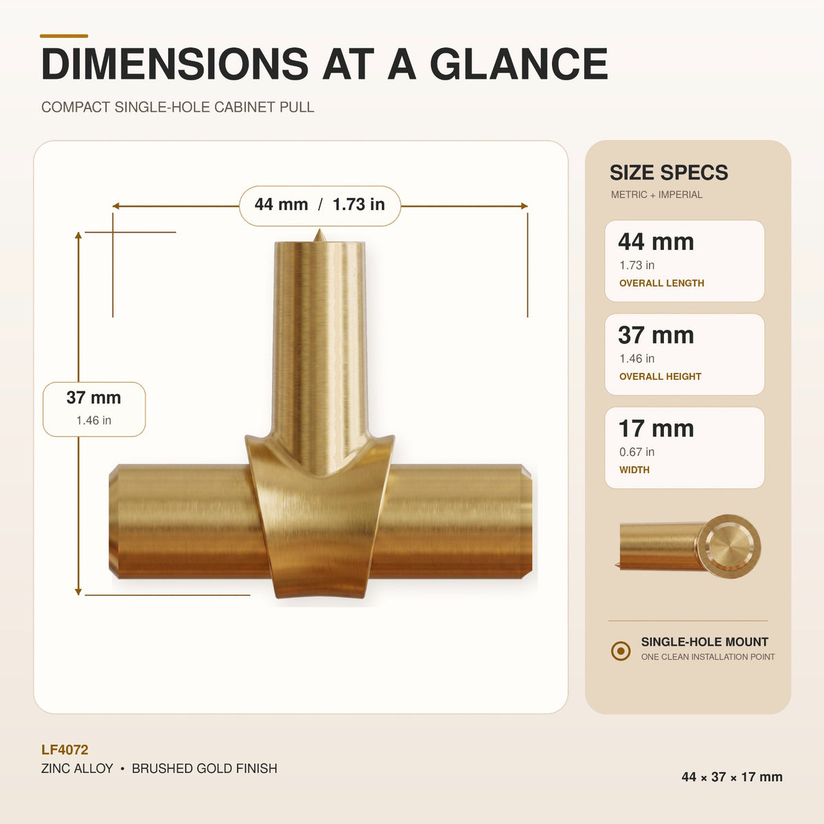FESTIVO LF4072-BGB 1.73" Zinc Alloy Brushed Gold Brass Cabinet Handles Pulls, Round T-Shape Bar Single Hole 10 Packs