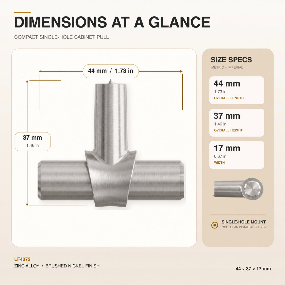 FESTIVO LF4072-BN 1.73" Zinc Alloy Brushed Nickel Cabinet Handles Pulls, Round T-Shape Bar Single Hole 10 Packs