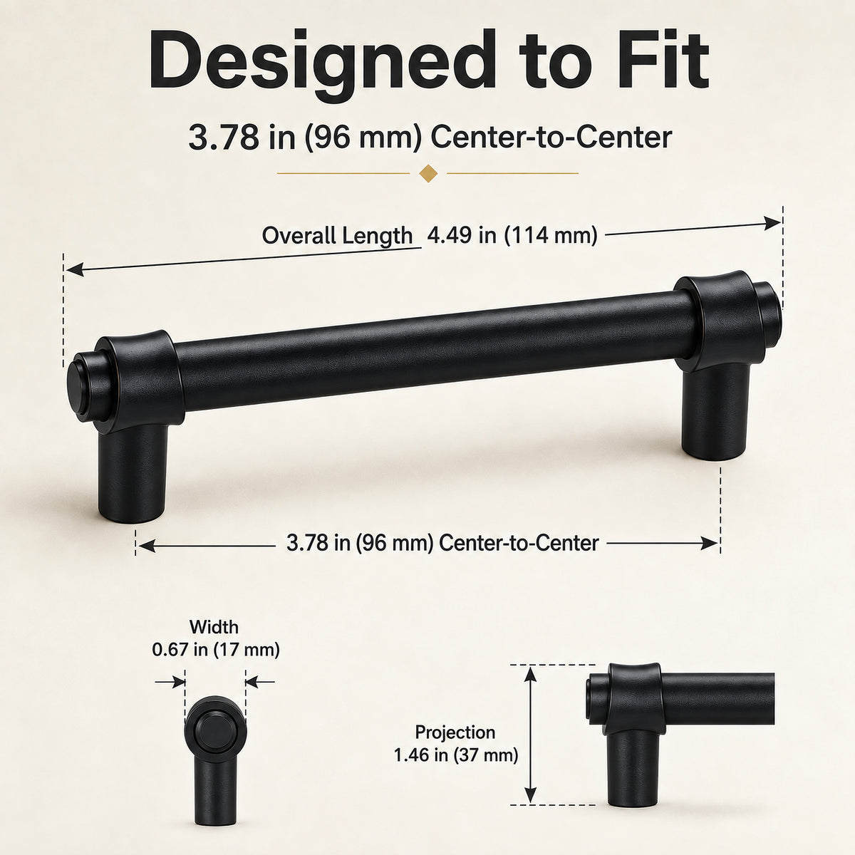 FESTIVO LF8270-96MB 4.49" Zinc Alloy+ss201 Matte Black Cabinet Handles Pulls, Bar-Shape Two-Holes 5 Packs