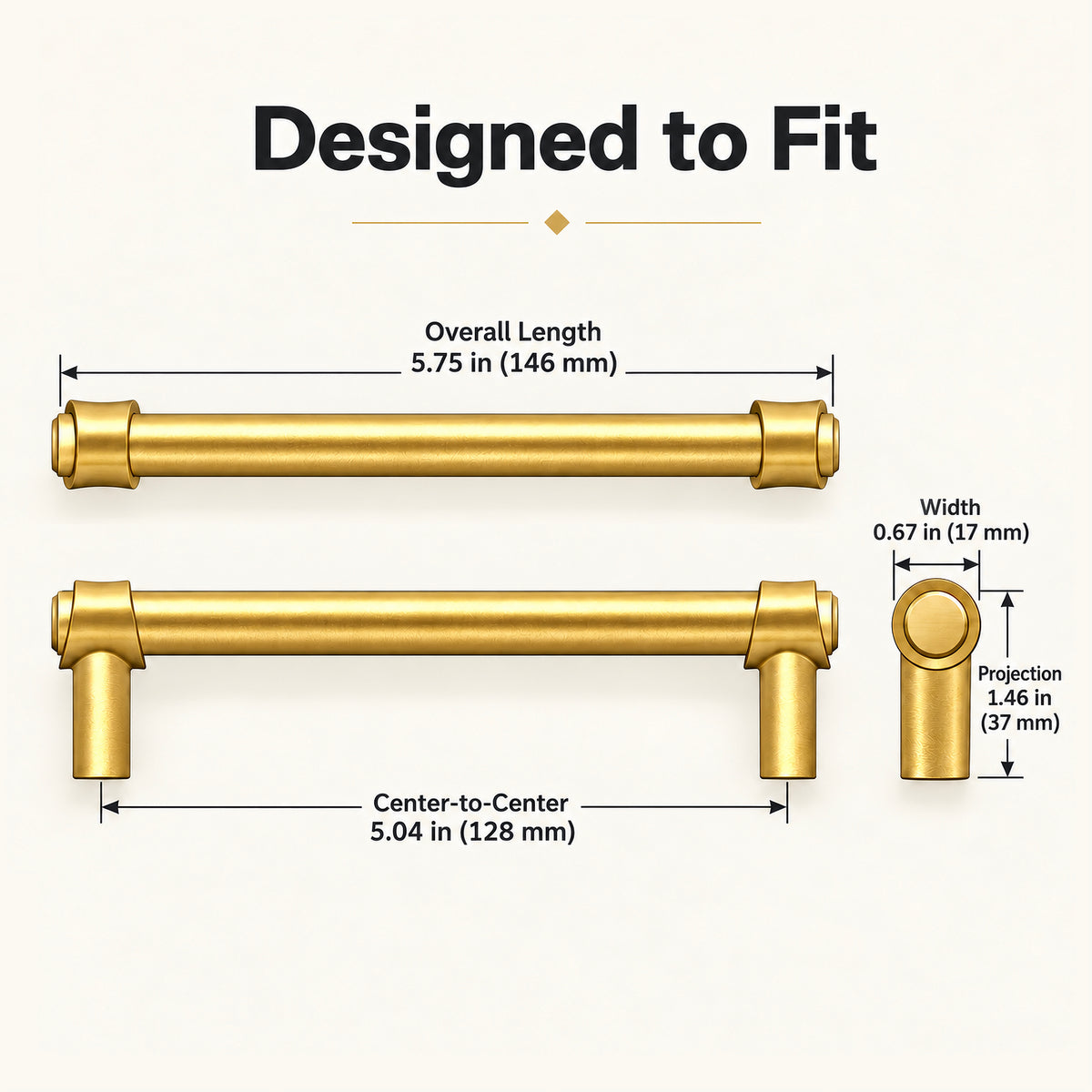 FESTIVO LF8270-128BGB 5.75" Zinc Alloy+ss201 Brushed Gold Brass Cabinet Handles Pulls, Bar-Shape Two-Holes 5 Packs