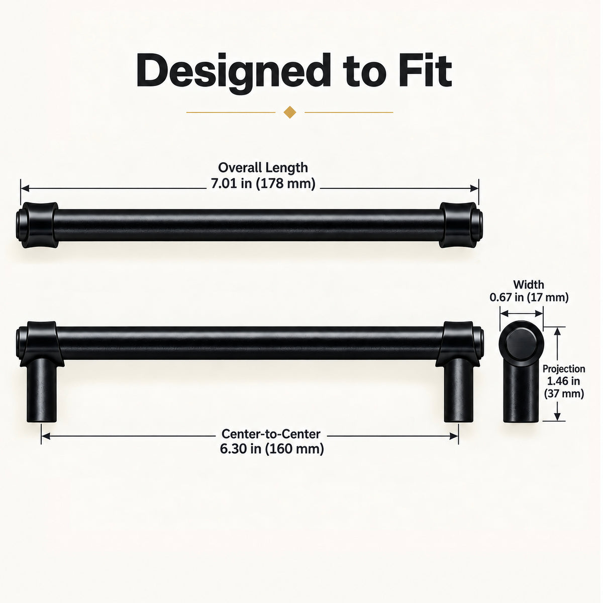 FESTIVO LF8270-160MB 7.01" Zinc Alloy+ss201 Matte Black Cabinet Handles Pulls, Bar-Shape Two-Holes 5 Packs
