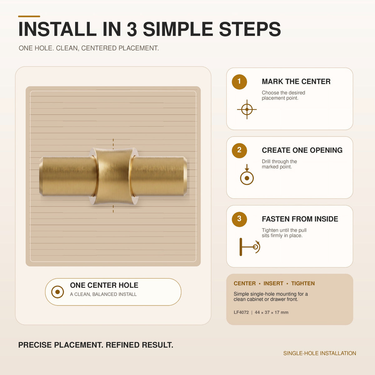 FESTIVO LF4072-BGB 1.73" Zinc Alloy Brushed Gold Brass Cabinet Handles Pulls, Round T-Shape Bar Single Hole 10 Packs