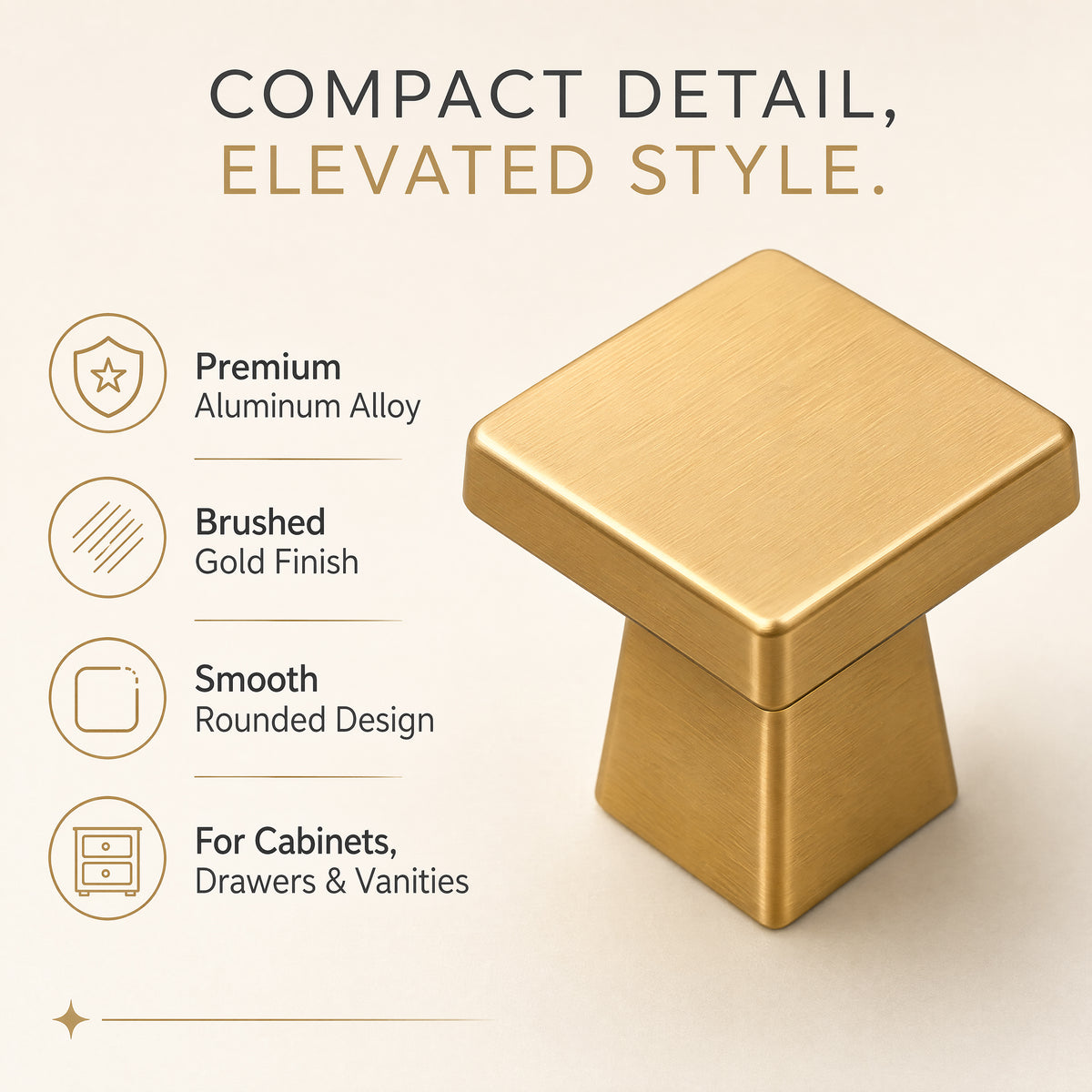 FESTIVO LF4084-BGB 1.09" Zinc Alloy Brushed Gold Brass Cabinet Handles Pulls, Square-Shape 10 Packs