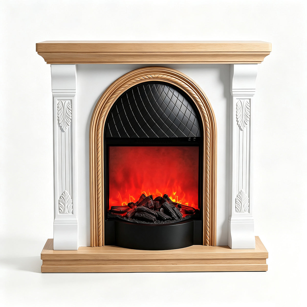 Festivo FFP26092 38.58" Stone Column MGO Electric Fireplace Mantel with 20" Black Arched Insert, Realistic Log & Flame Effect, Remote Control & Timer, White & Honey Oak