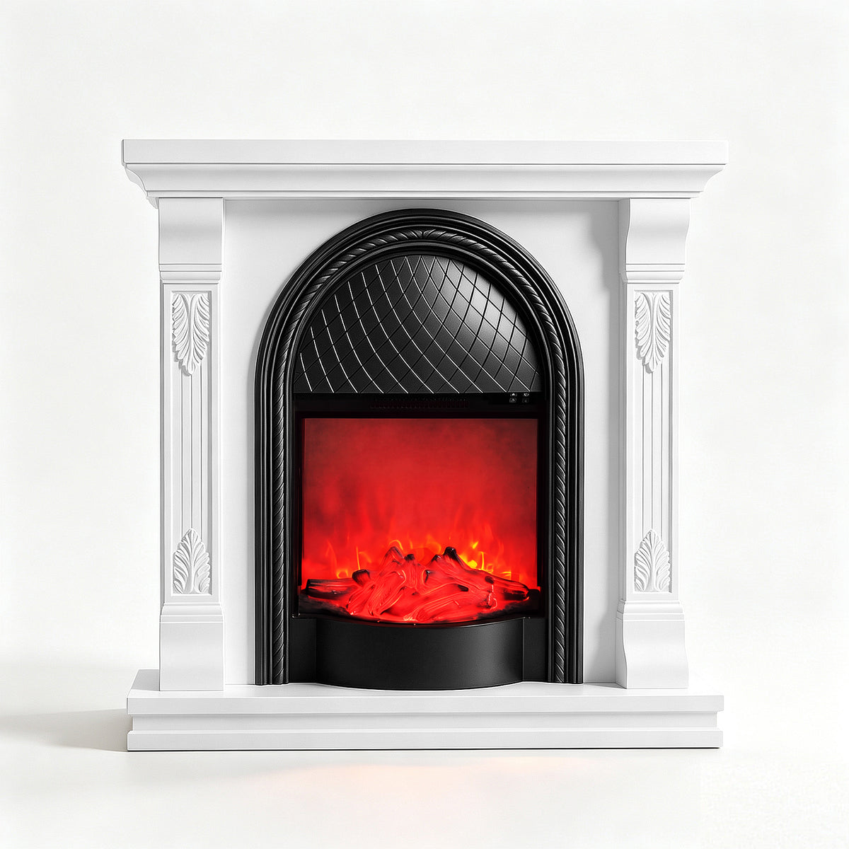 Festivo FFP26091 38.58" Stone Column MGO Electric Fireplace Mantel with 20" Black Arched Insert, Realistic Log & Flame Effect, Remote Control & Timer, White