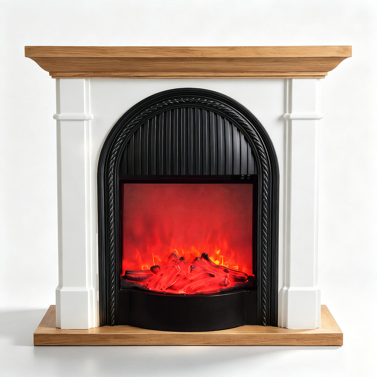 Festivo FFP26101 38.58" Stone Column MGO Electric Fireplace Mantel with 20" Black Arched Insert, Realistic Log & Flame Effect, Remote Control & Timer, White Oak