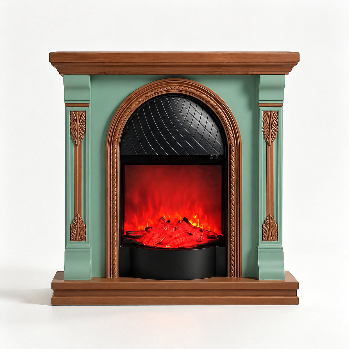 Festivo FFP26093 38.58" Stone Column MGO Electric Fireplace Mantel with 20" Black Arched Insert, Realistic Log & Flame Effect, Remote Control & Timer, Sage Green & Warm Oak