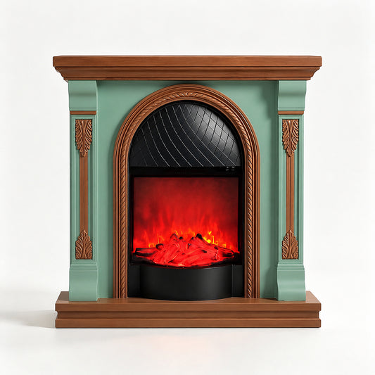 Festivo FFP26093 38.58" Stone Column MGO Electric Fireplace Mantel with 20" Black Arched See-Through Fireplace, Realistic Log & Flame Effect, Remote Control & Timer, Sage Green & Warm Oak
