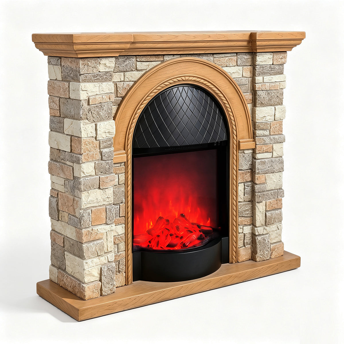 Festivo FFP26081 43.31" Stone Brick-Look MGO Electric Fireplace Mantel with 20" Arched Insert, Realistic Log & Flame Effect, Remote Control & Timer, Tan/Honey Oak