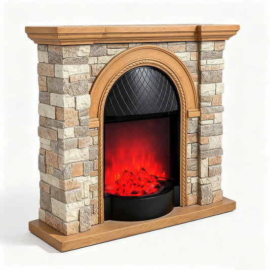 Festivo FFP26081 43.31" Stone Brick-Look MGO Electric Fireplace Mantel with 20" Arched See-Through Fireplace, Realistic Log & Flame Effect, Remote Control & Timer, Tan/Honey Oak