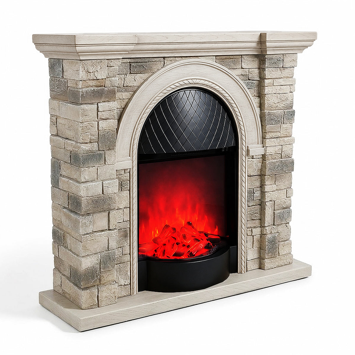 Festivo FFP26083 43.31" Stone Brick-Look MGO Electric Fireplace Mantel with 20" Arched Insert, Realistic Log & Flame Effect, Remote Control & Timer, Cream Beige