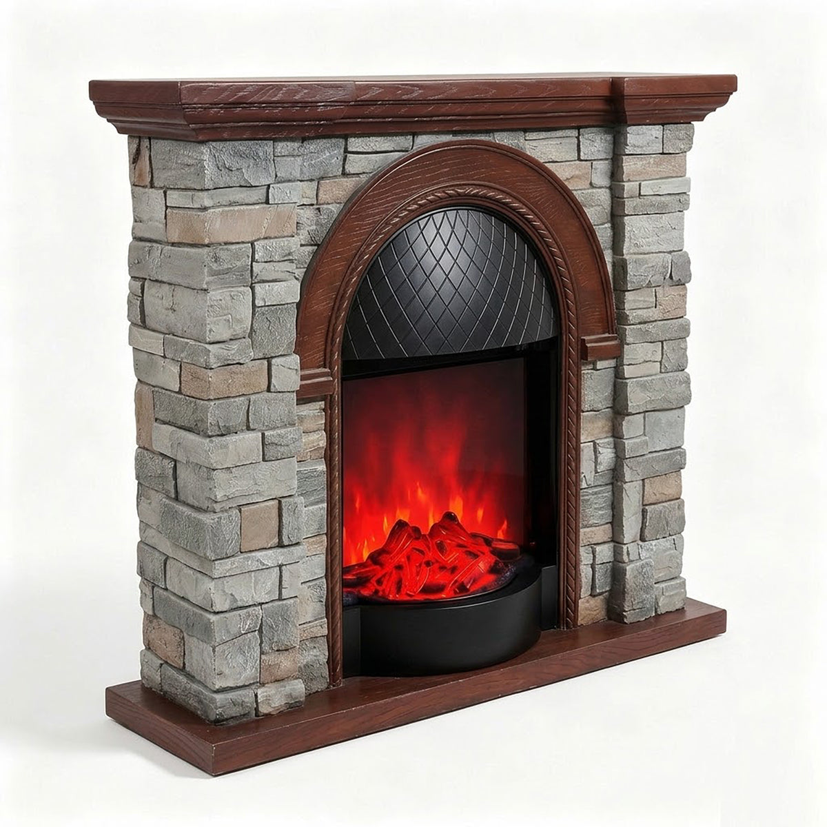Festivo FFP26082 43.31" Stone Brick-Look MGO Electric Fireplace Mantel with 20" Arched Insert, Realistic Log & Flame Effect, Remote Control & Timer, Grey & Brown