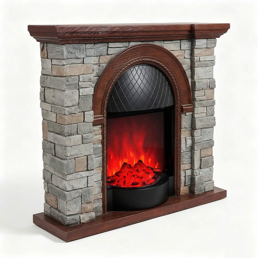 Festivo FFP26082 43.31" Stone Brick-Look MGO Electric Fireplace Mantel with 20" Arched See-Through Fireplace, Realistic Log & Flame Effect, Remote Control & Timer, Grey & Brown