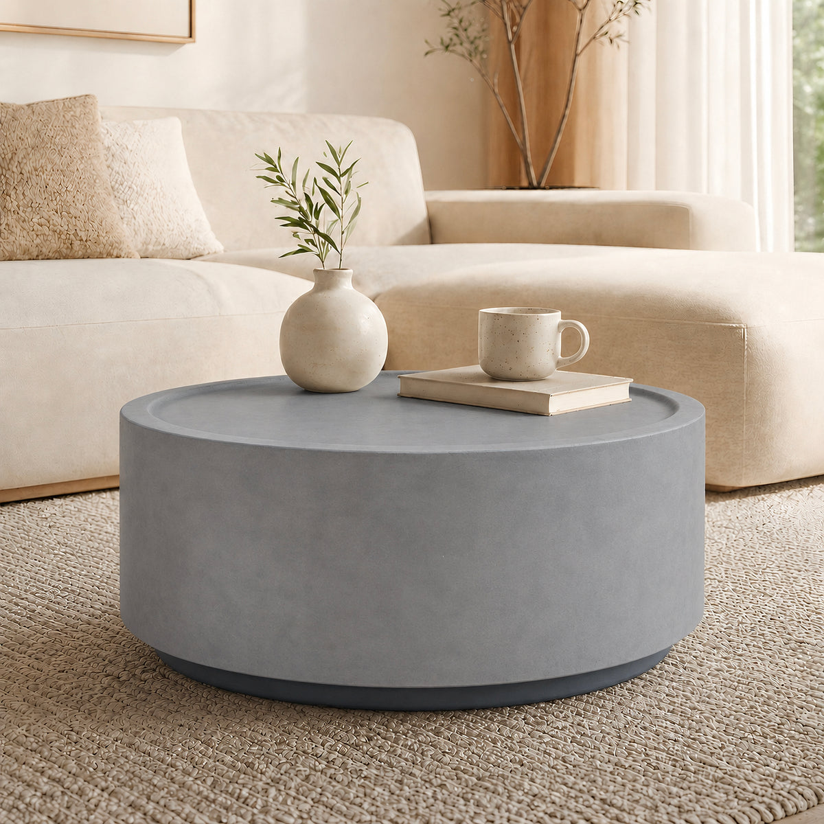 Festivo FCT26132 28" Round MGO Coffee Table with a Natural Stone-Look Finish-Cement Gray