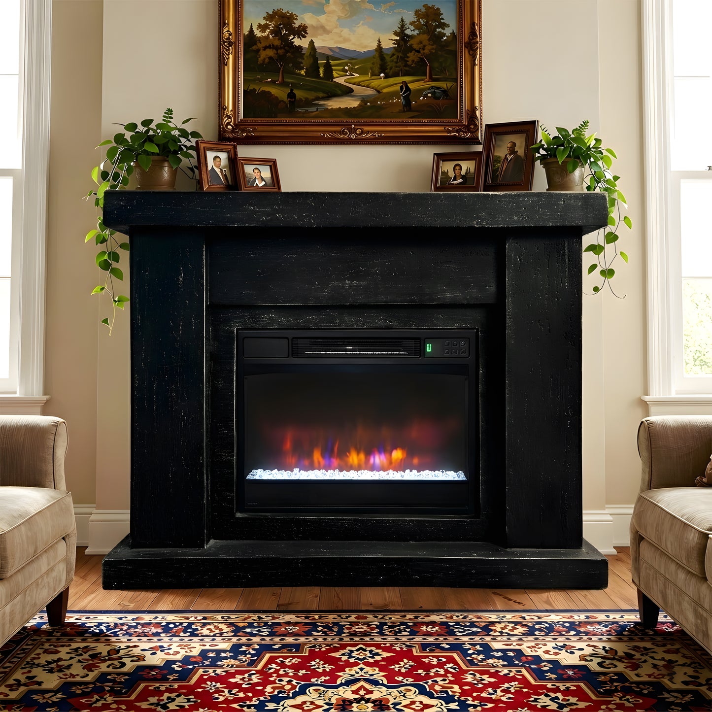 Festivo FFP25102 44.5" Electric Fireplace MGO Mantel with a Natural Stone–Look Finish-Black Travertine