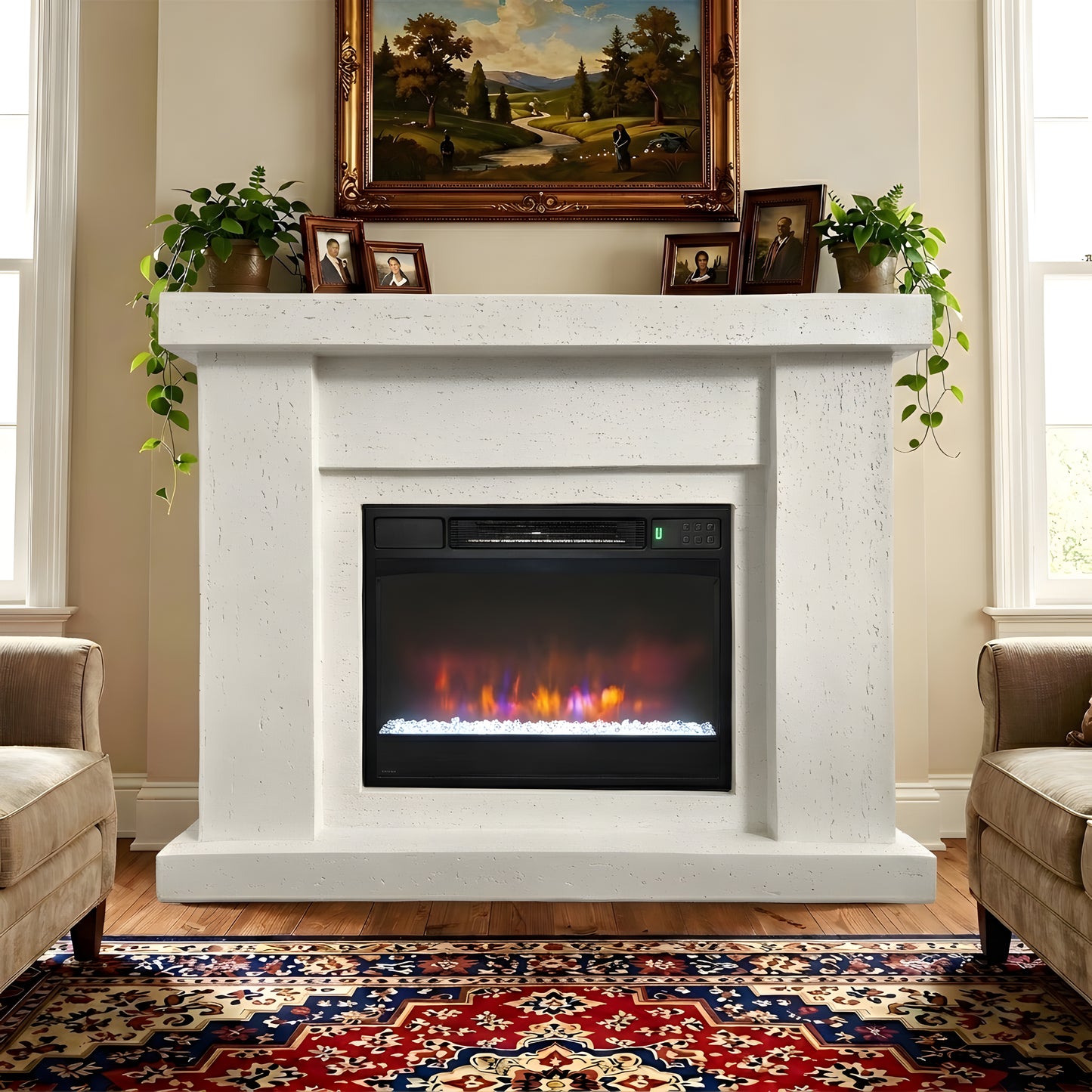 Festivo FFP25101 44.5" Electric Fireplace MGO Mantel with a Natural Stone–Look Finish-Ivory Travertine