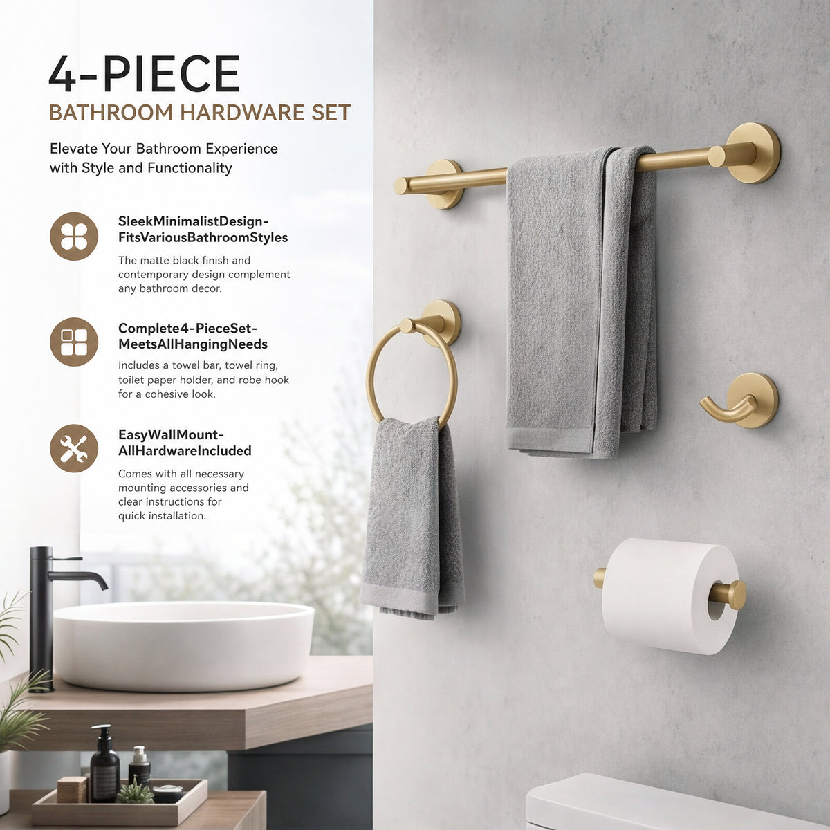 FESTIVO LF359 Brushed Golden Brass 4-Piece Bathroom Hardware Set, 18-Inch Towel Bar, Double Robe Hook, Toilet Paper Holder, Towel Ring, Wall-Mounted Bathroom Towel Rack Accessories Set