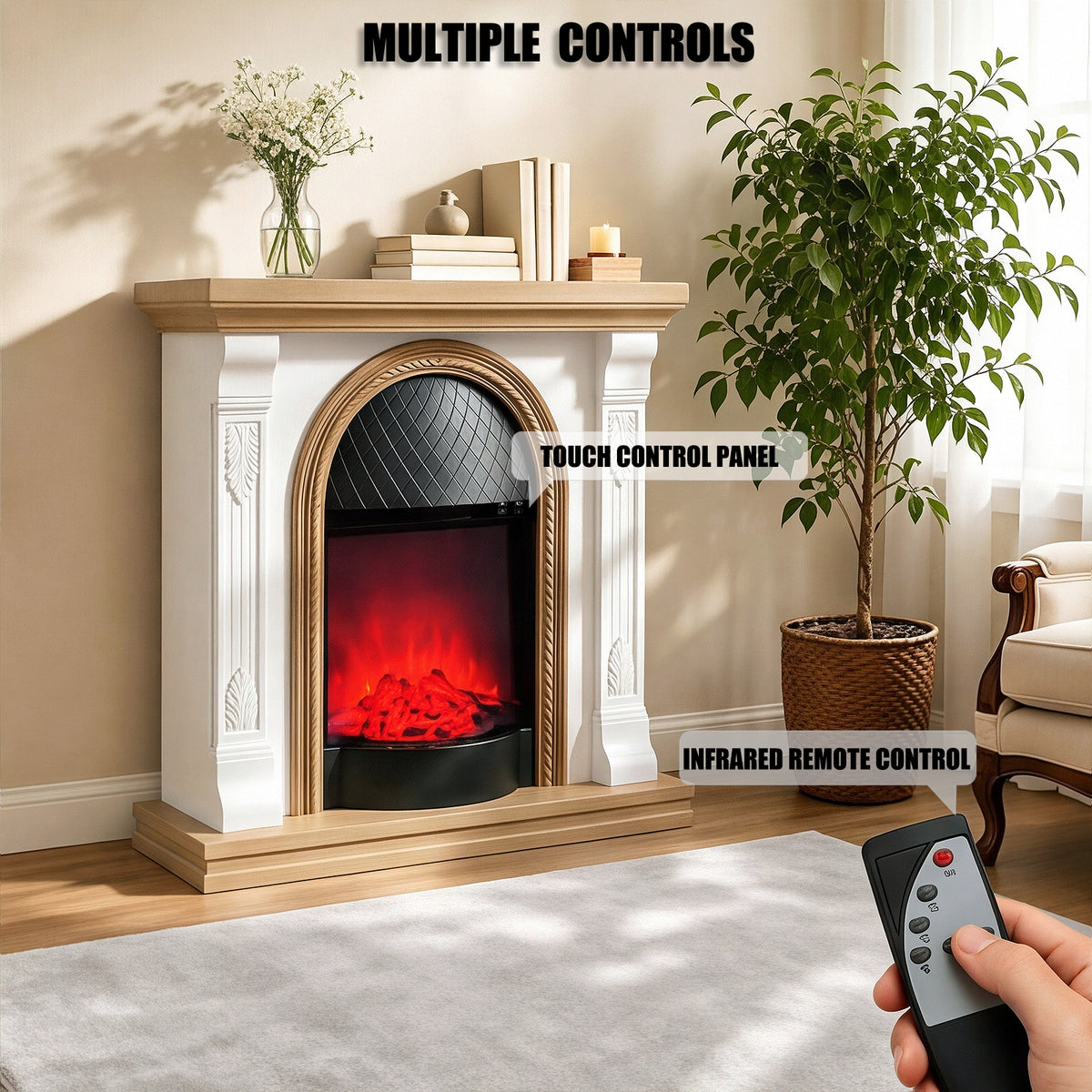 Festivo FFP26092 38.58" Stone Column MGO Electric Fireplace Mantel with 20" Black Arched Insert, Realistic Log & Flame Effect, Remote Control & Timer, White & Honey Oak