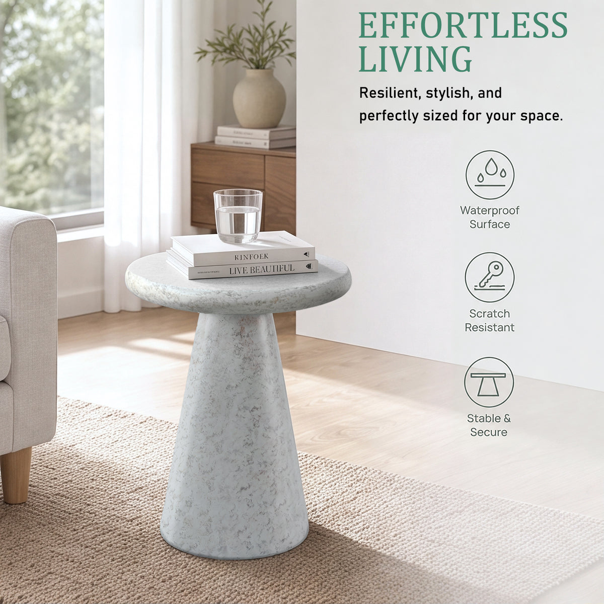 Festivo FST26162 16.14" Round Pedestal MGO Side/End Table with a Natural Stone-Look Finish-Cloud Ceramic White