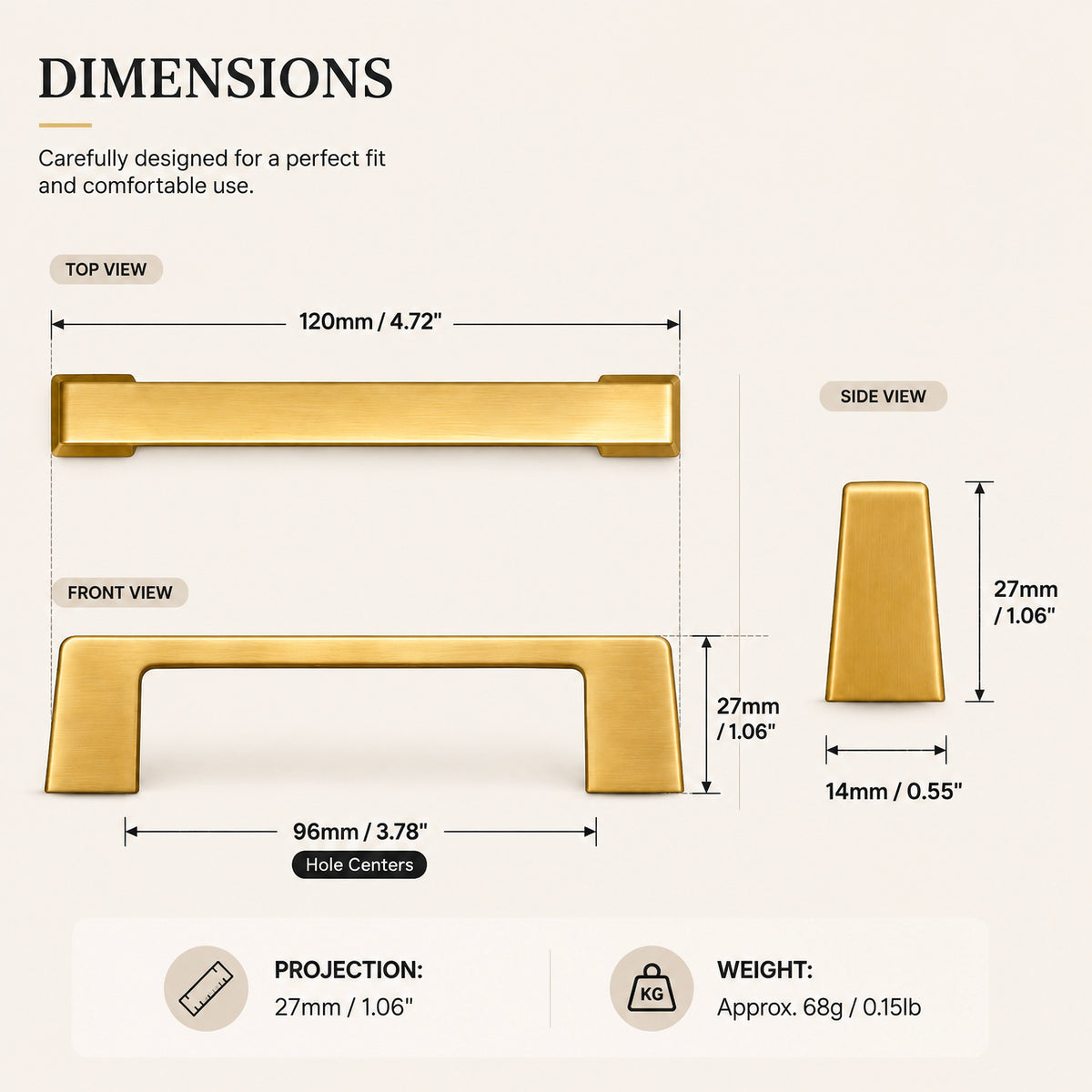 FESTIVO LF8278-96BGB 4.72" Zinc Alloy Brushed Gold Brass Cabinet Handles Pulls, Bar-Shape Two-Holes 5 Packs