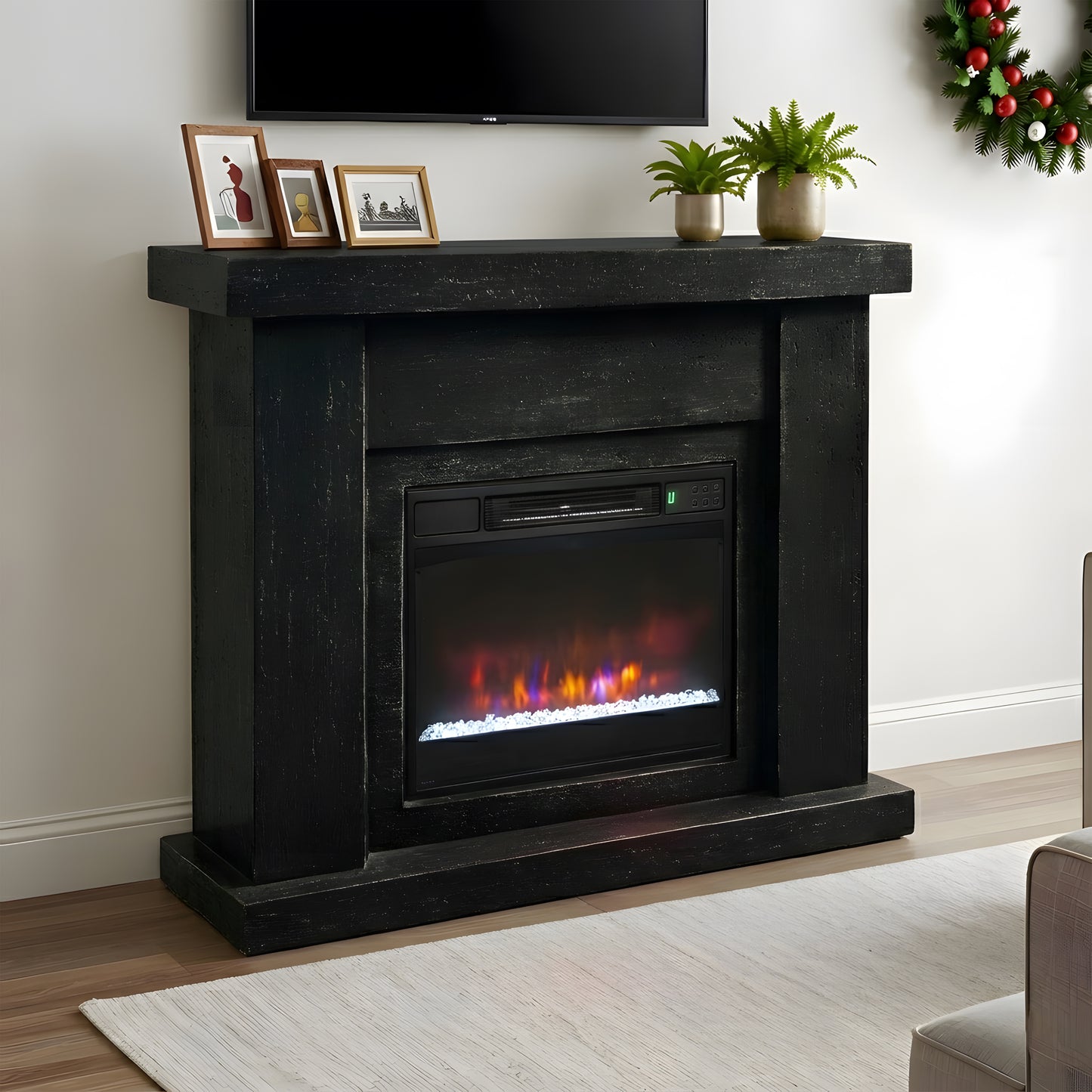 Festivo FFP25102 44.5" Electric Fireplace MGO Mantel with a Natural Stone–Look Finish-Black Travertine