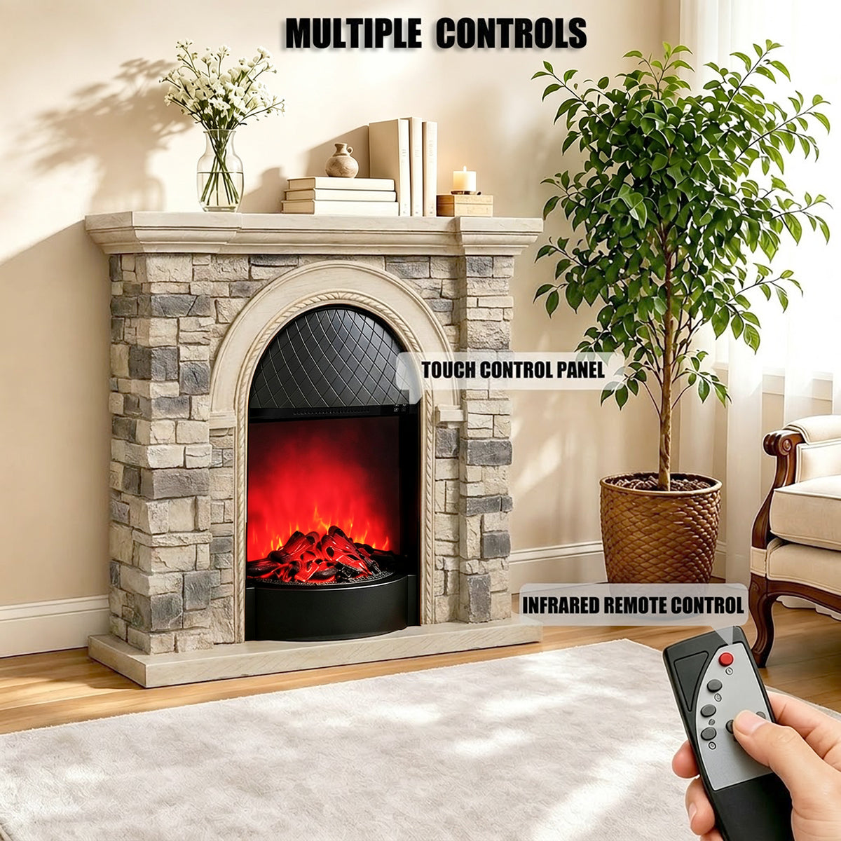 Festivo FFP26083 43.31" Stone Brick-Look MGO Electric Fireplace Mantel with 20" Arched Insert, Realistic Log & Flame Effect, Remote Control & Timer, Cream Beige