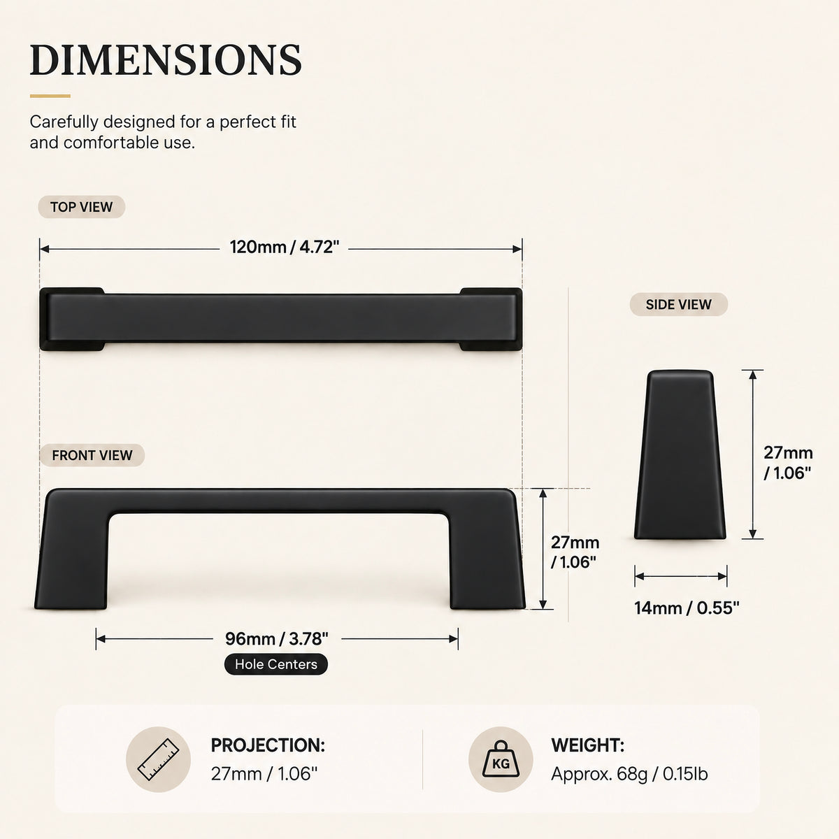FESTIVO LF8278-96MB 4.72" Zinc Alloy Matte Black Cabinet Handles Pulls, Bar-Shape Two-Holes 5 Packs