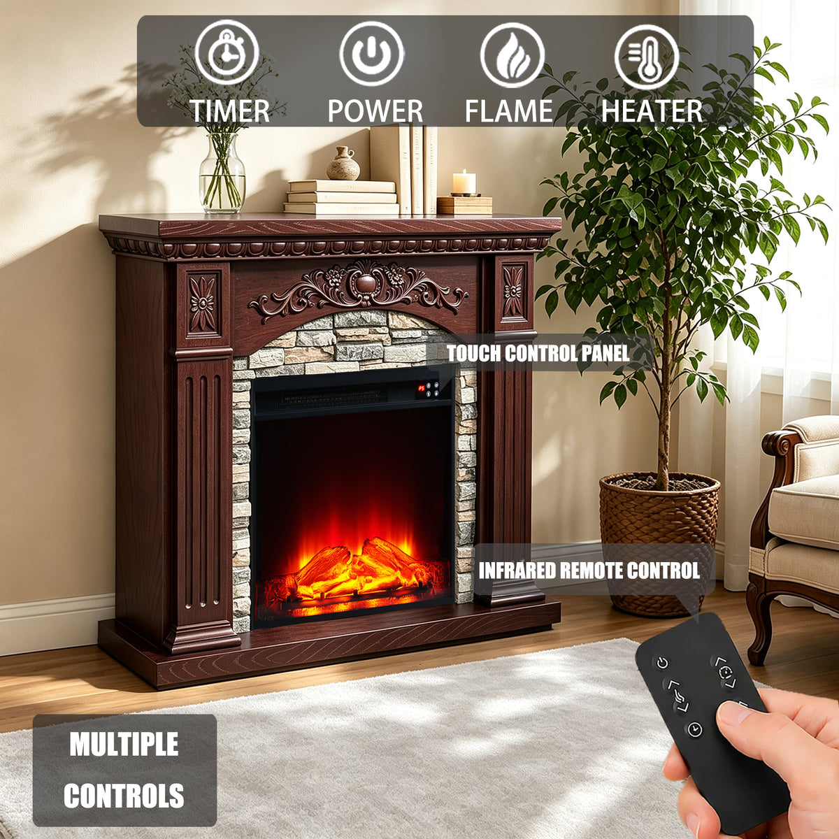 Festivo FFP26232 42.32" Vintage Carved-Look MGO Electric Fireplace Mantel with 23" Insert, Realistic Log & Flame Effect, Remote Control & Timer, Brown