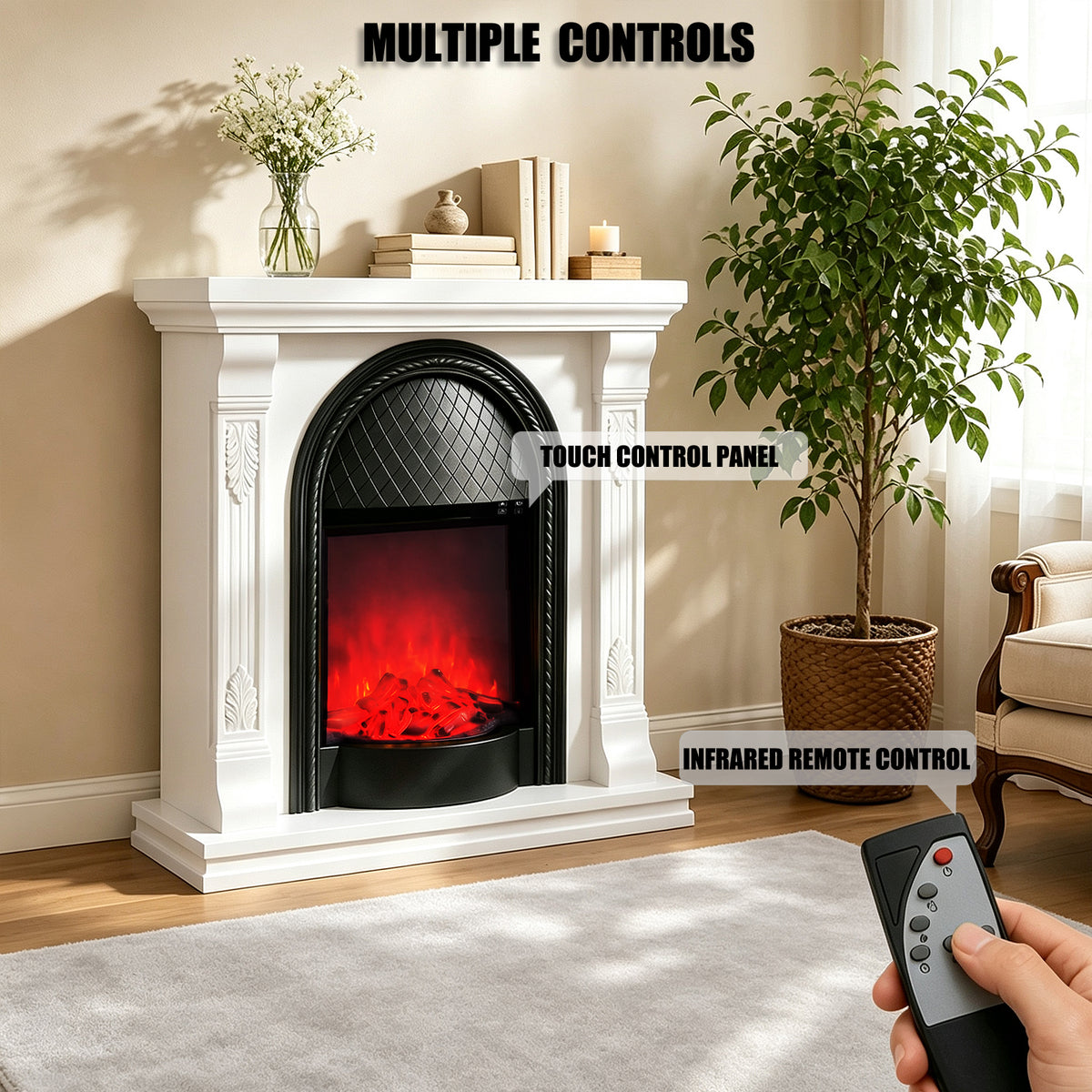 Festivo FFP26091 38.58" Stone Column MGO Electric Fireplace Mantel with 20" Black Arched Insert, Realistic Log & Flame Effect, Remote Control & Timer, White