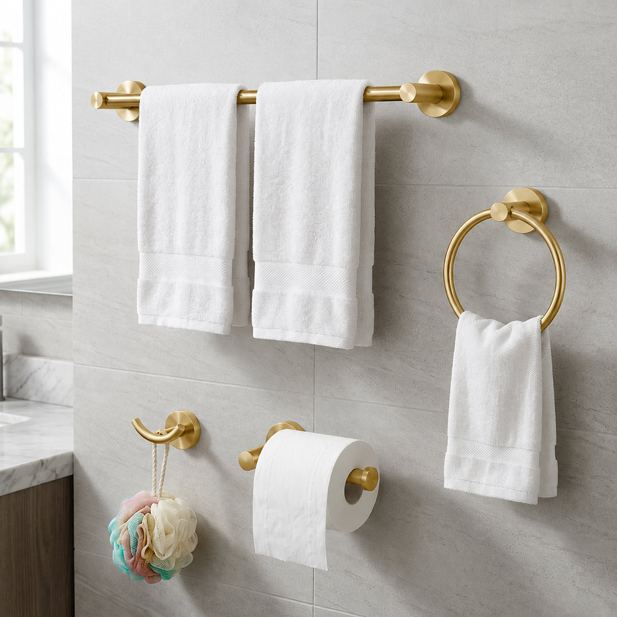 FESTIVO LF359 Brushed Golden Brass 4-Piece Bathroom Hardware Set, 18-Inch Towel Bar, Double Robe Hook, Toilet Paper Holder, Towel Ring, Wall-Mounted Bathroom Towel Rack Accessories Set