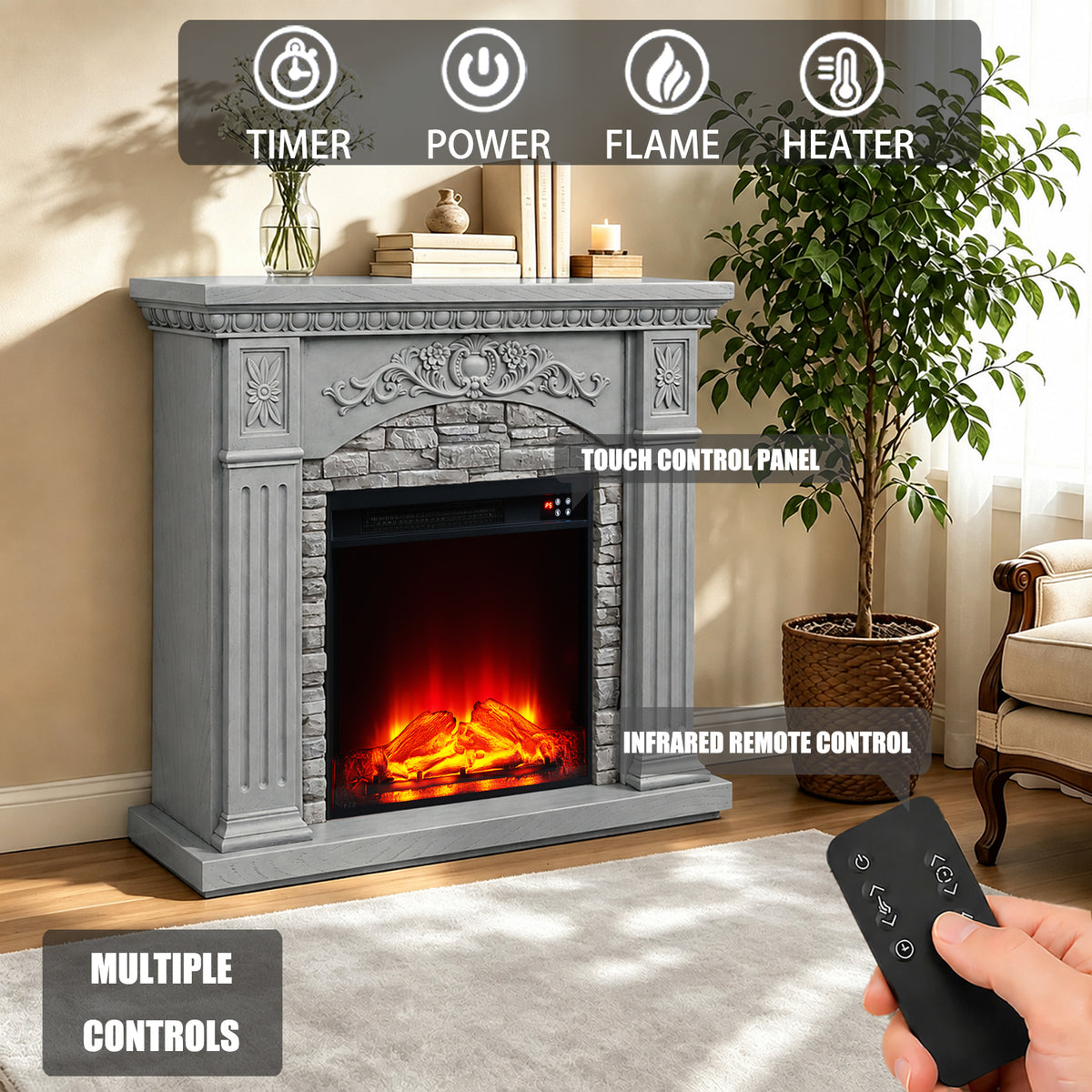 Festivo FFP26233 42.32" Vintage Carved-Look MGO Electric Fireplace Mantel with 23" Insert, Realistic Log & Flame Effect, Remote Control & Timer, Grey
