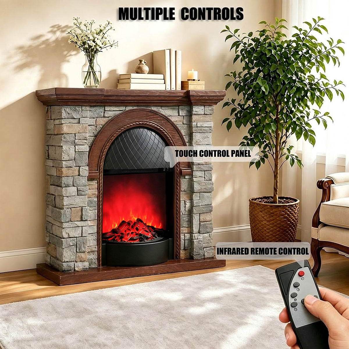 Festivo FFP26082 43.31" Stone Brick-Look MGO Electric Fireplace Mantel with 20" Arched Insert, Realistic Log & Flame Effect, Remote Control & Timer, Grey & Brown