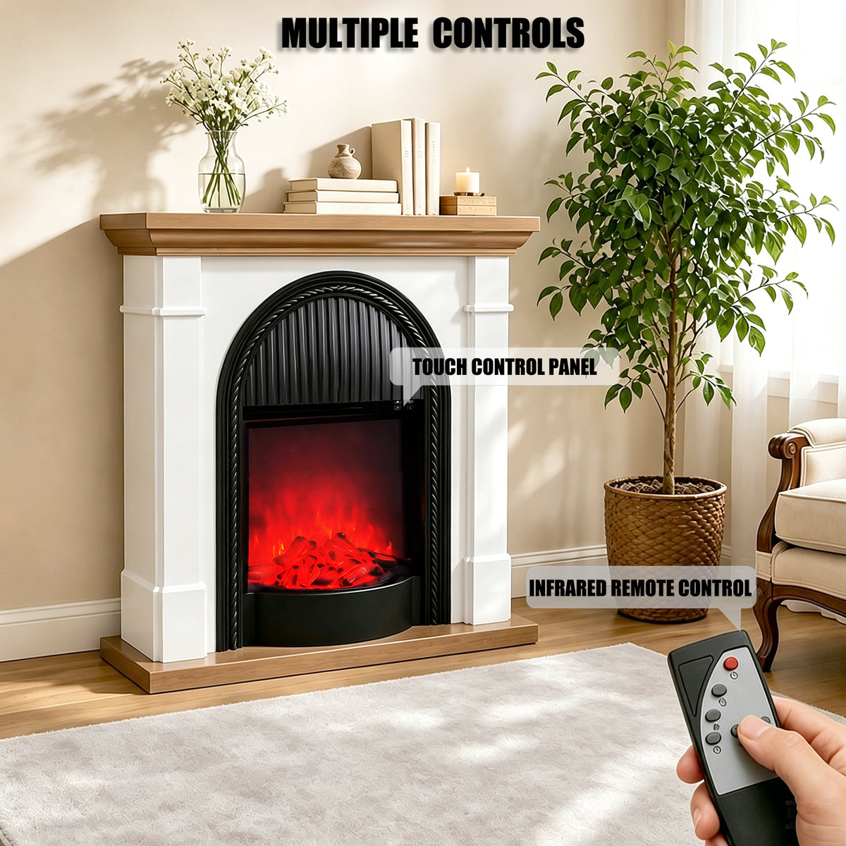 Festivo FFP26101 38.58" Stone Column MGO Electric Fireplace Mantel with 20" Black Arched Insert, Realistic Log & Flame Effect, Remote Control & Timer, White Oak