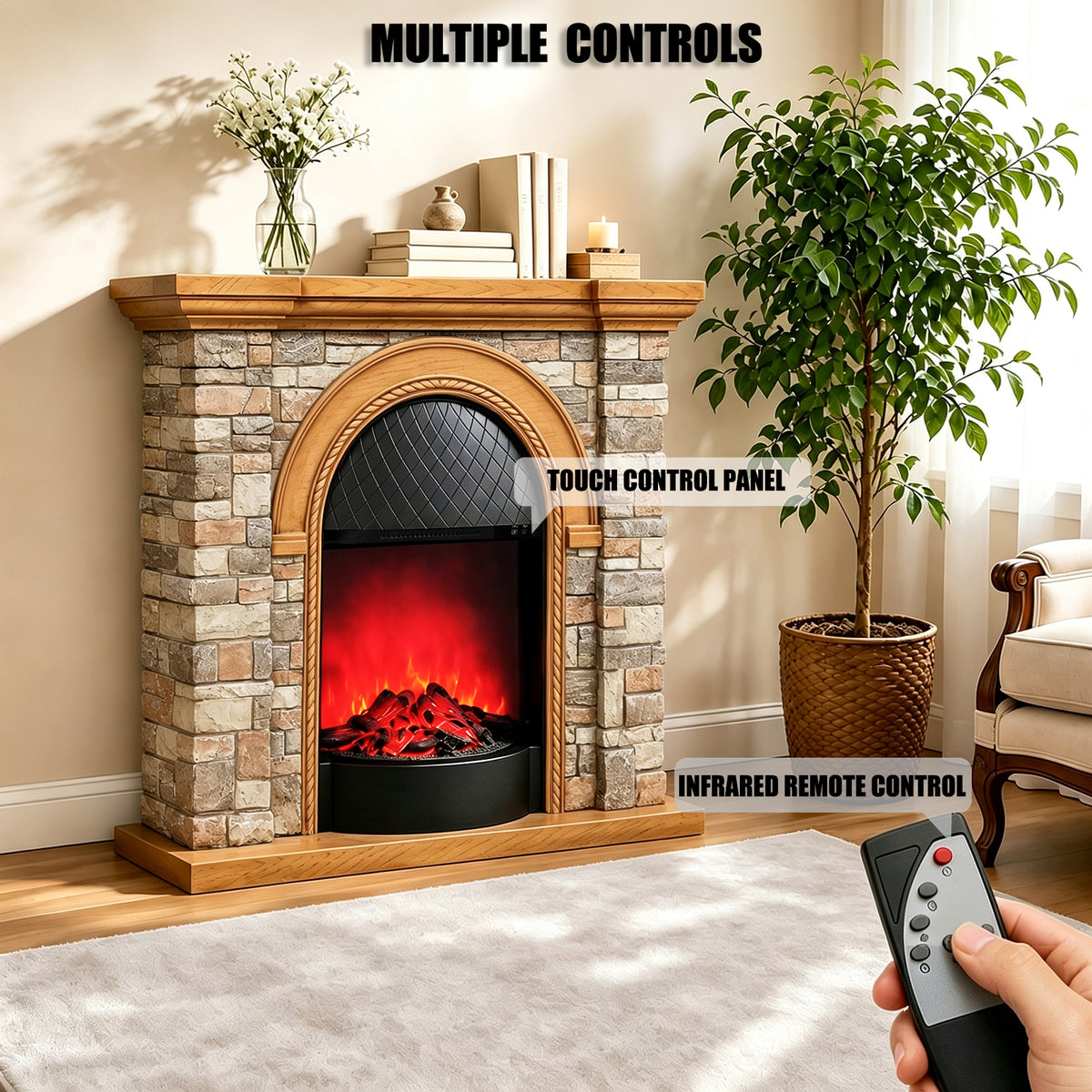 Festivo FFP26081 43.31" Stone Brick-Look MGO Electric Fireplace Mantel with 20" Arched Insert, Realistic Log & Flame Effect, Remote Control & Timer, Tan/Honey Oak