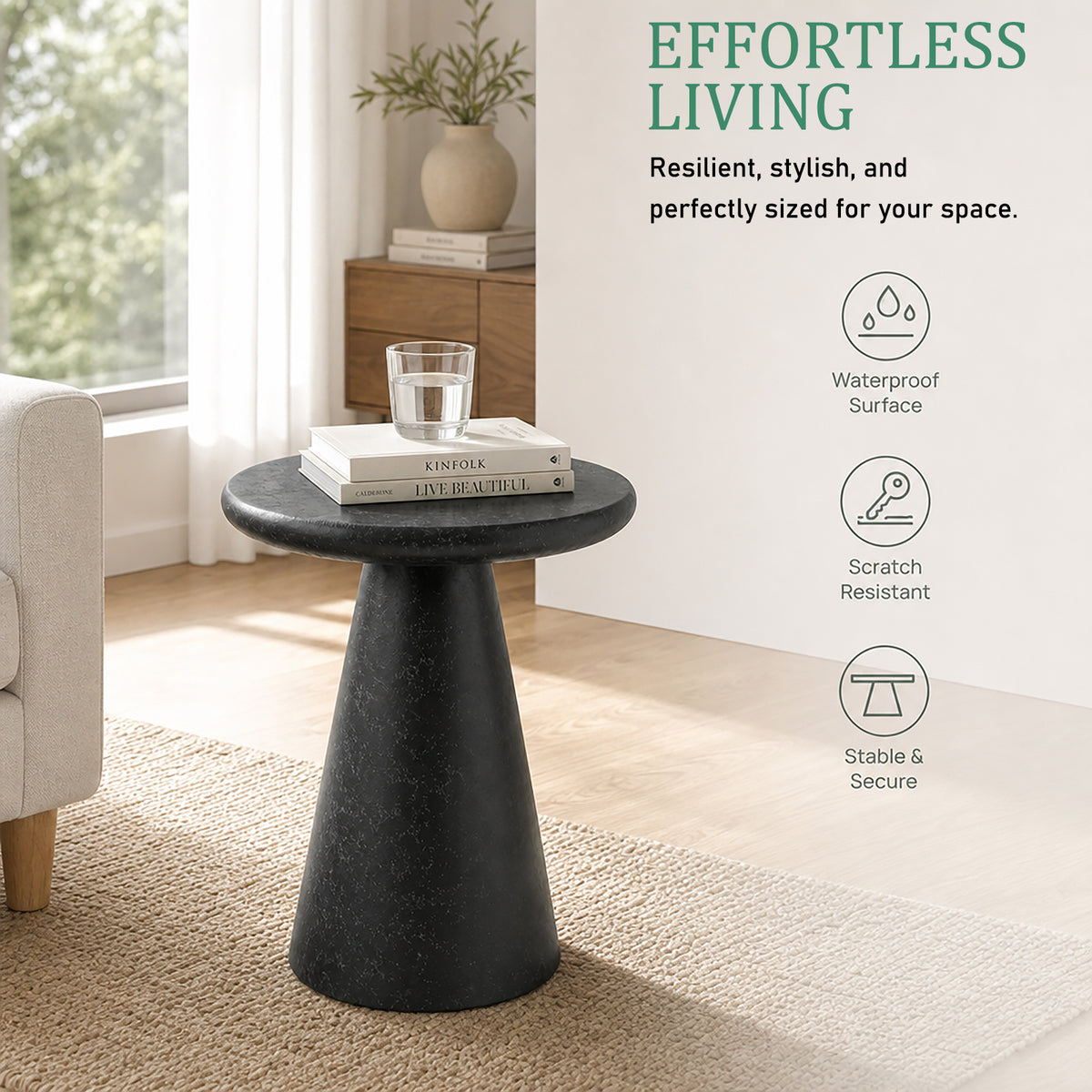 Festivo FST26161 16.14" Round Pedestal MGO Side/End Table with a Natural Stone-Look Finish-Gloss Ceramic Black