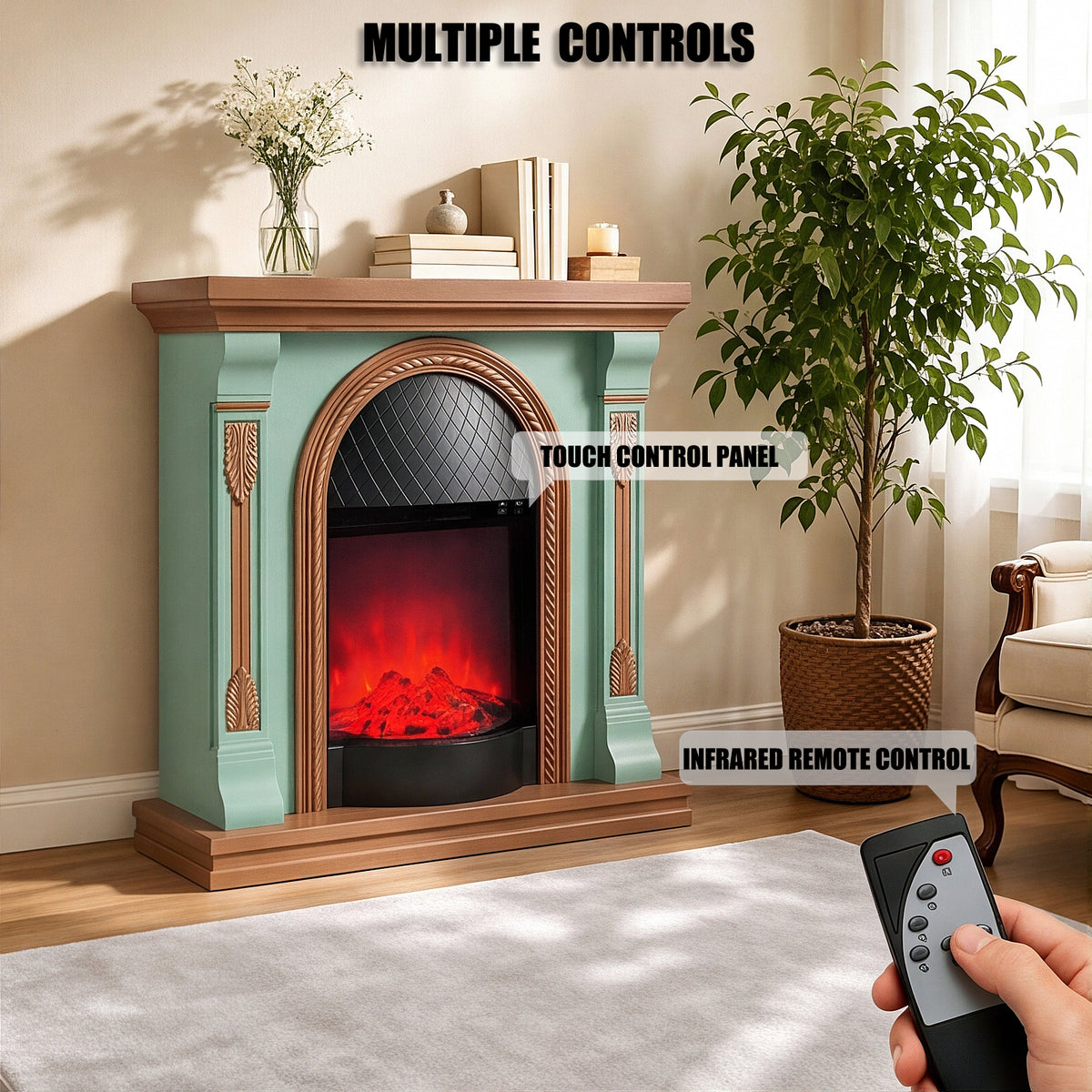 Festivo FFP26093 38.58" Stone Column MGO Electric Fireplace Mantel with 20" Black Arched Insert, Realistic Log & Flame Effect, Remote Control & Timer, Sage Green & Warm Oak