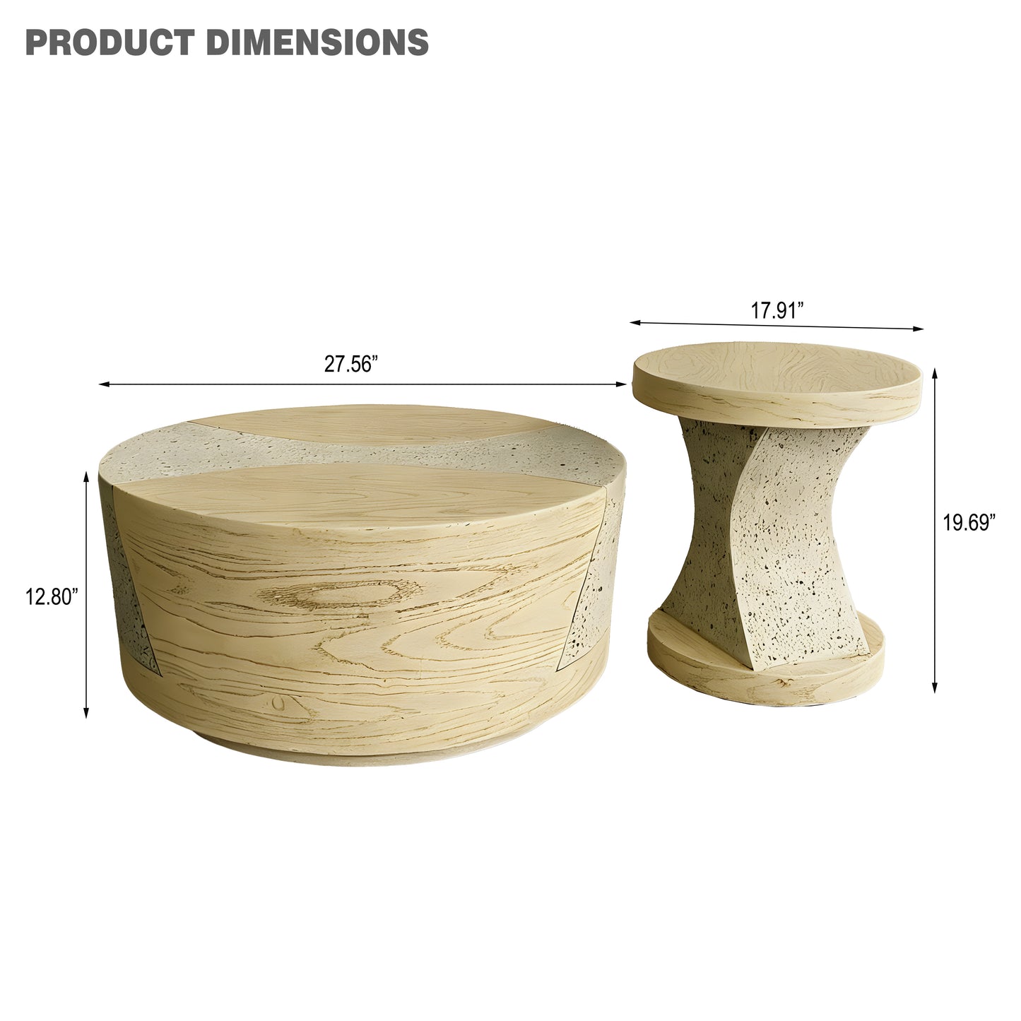 Festivo FST25132, FST25142 Round MGO Coffee & Side Table Set with a Natural Stone & Wood-Look Finish-Sahara Oak Travertine