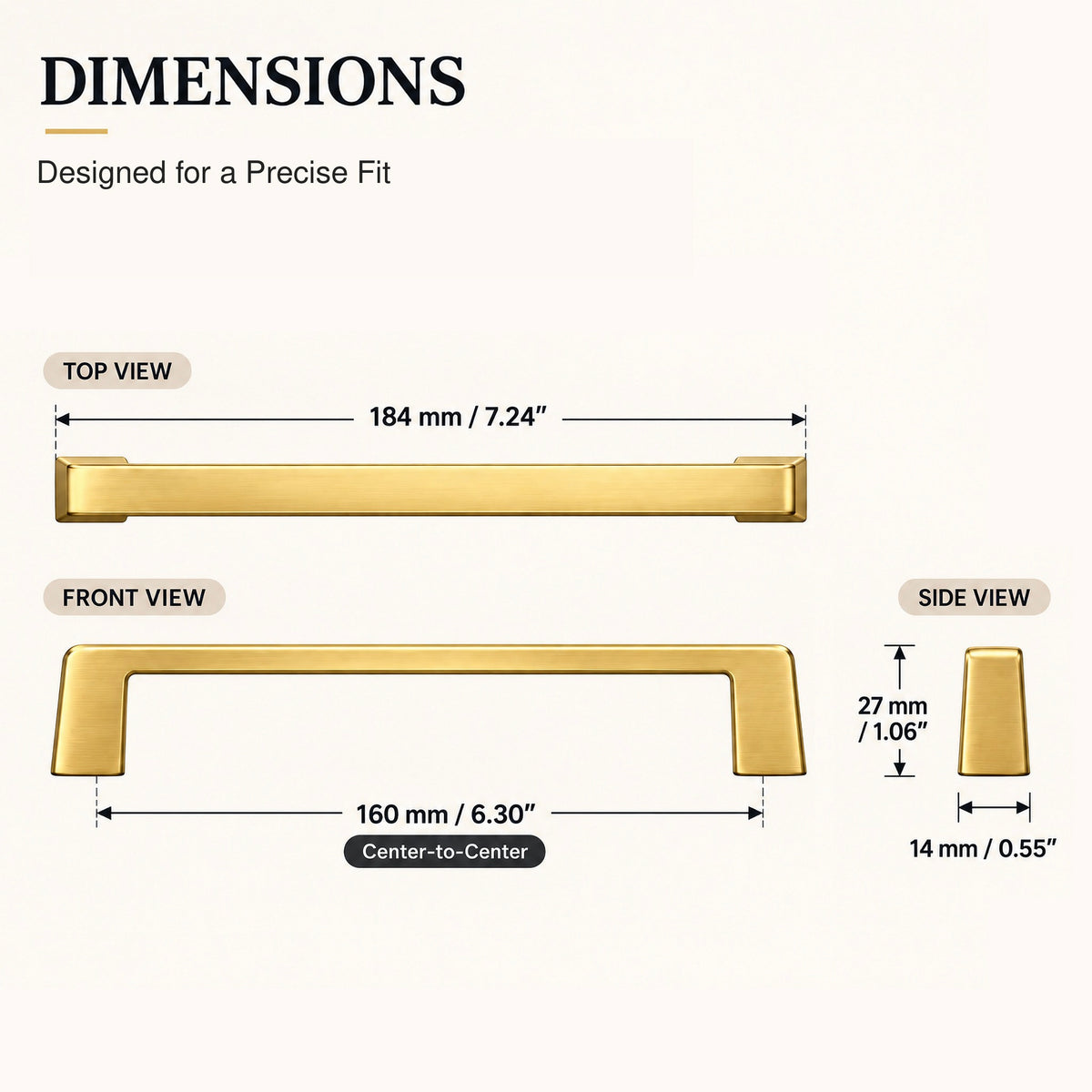 FESTIVO LF8278-160BGB 7.24" Zinc Alloy Brushed Gold Brass Cabinet Handles Pulls, Bar-Shape Two-Holes 5 Packs