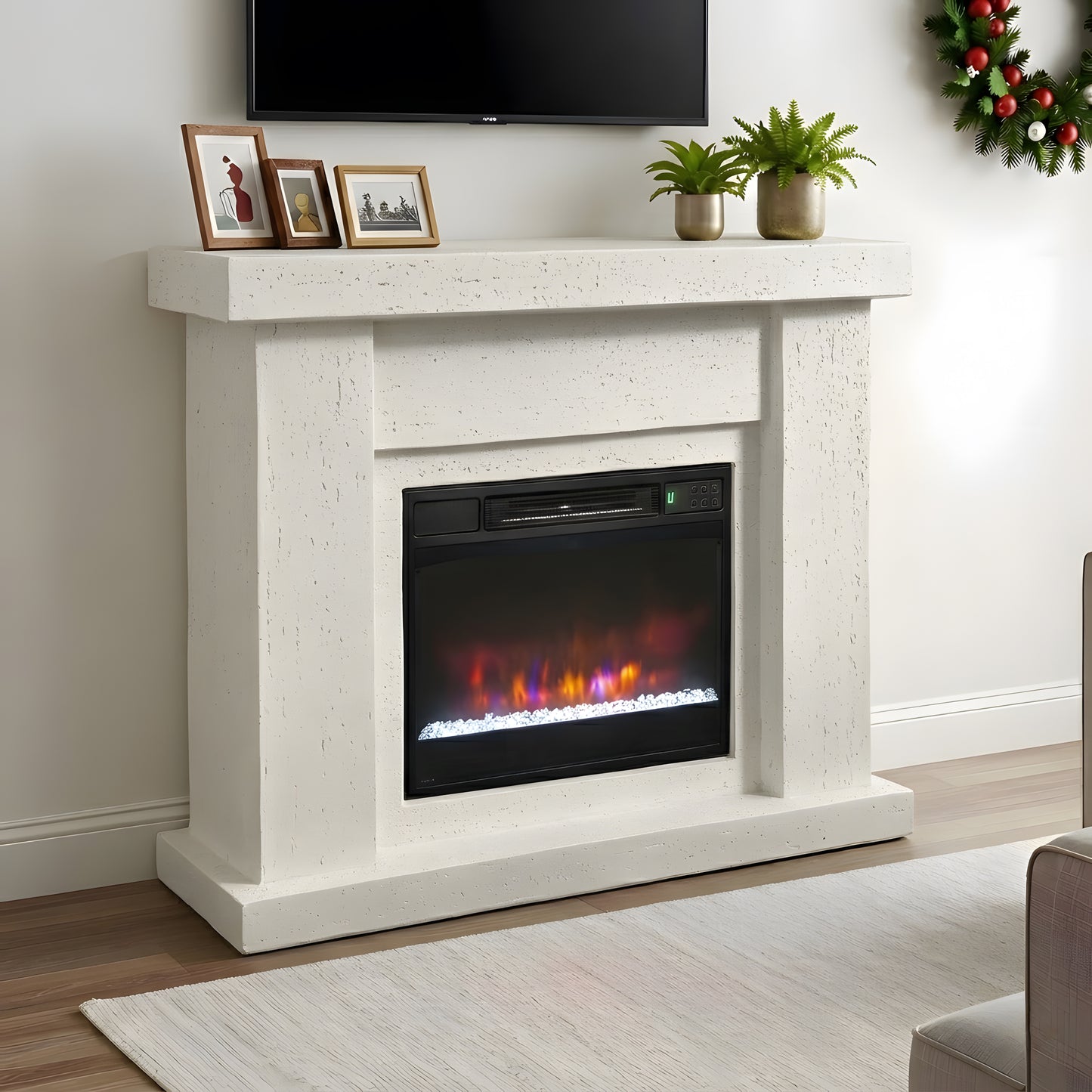 Festivo FFP25101 44.5" Electric Fireplace MGO Mantel with a Natural Stone–Look Finish-Ivory Travertine