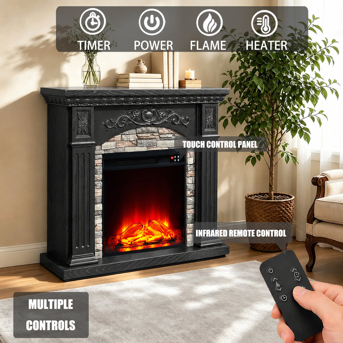 Festivo FFP26236 42.32" Vintage Carved-Look MGO Electric Fireplace Mantel with 23" Insert, Realistic Log & Flame Effect, Remote Control & Timer, Black