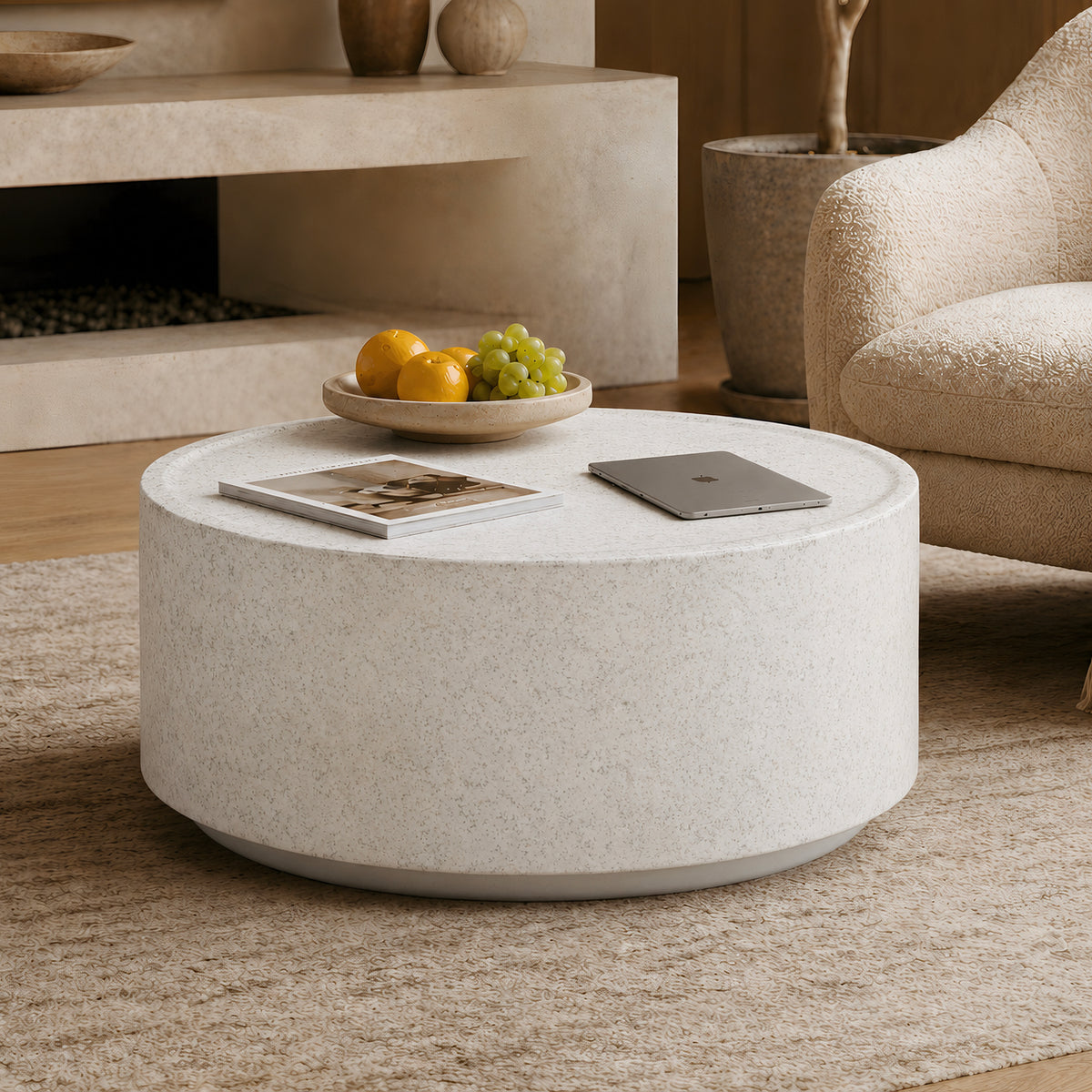 Festivo FCT26131 28" Round MGO Coffee Table with a Natural Stone Marble-Look Finish-Cloud Ceramic White